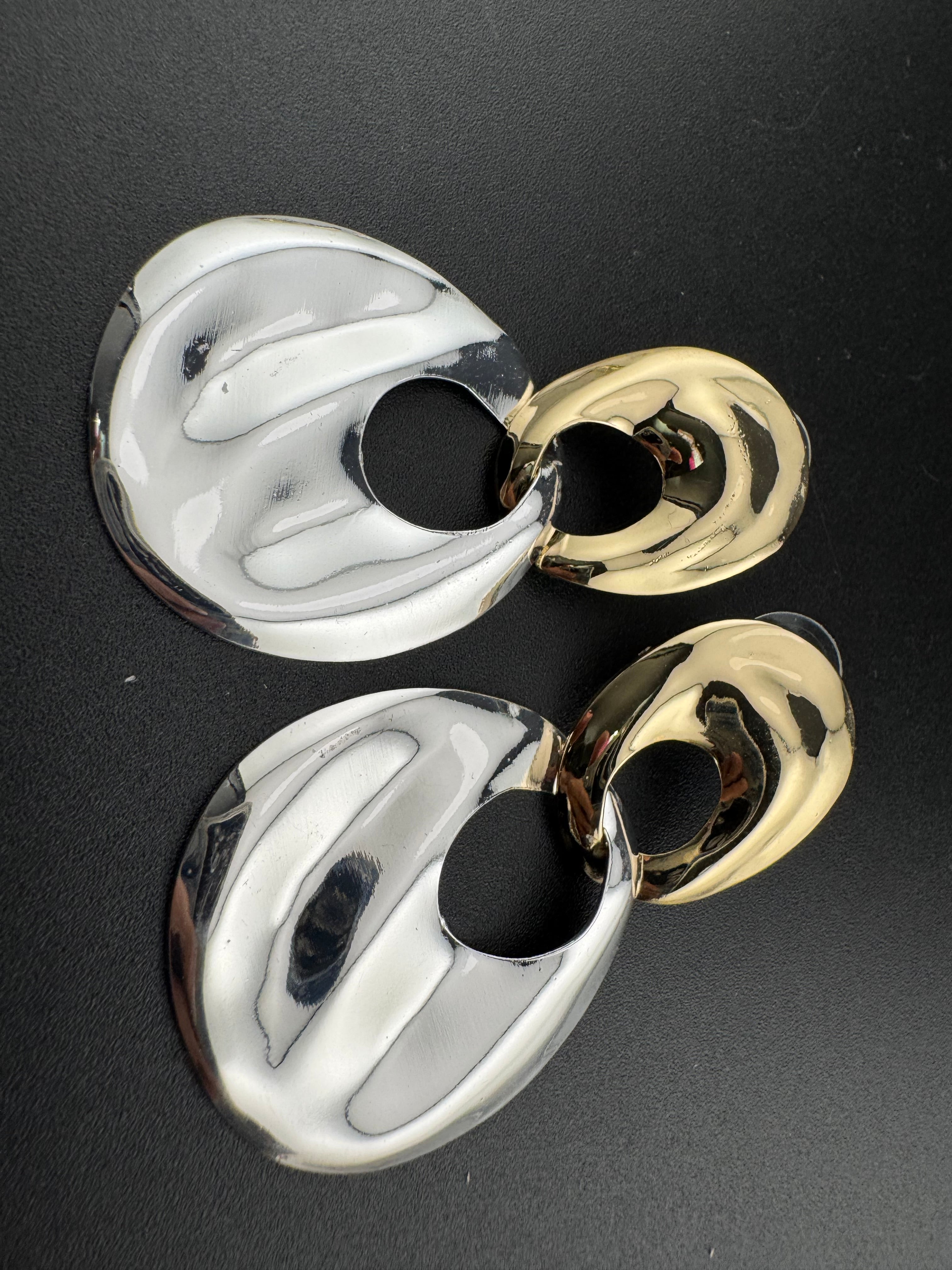 80s style silver and gold tone oversized door knocker clip on earrings