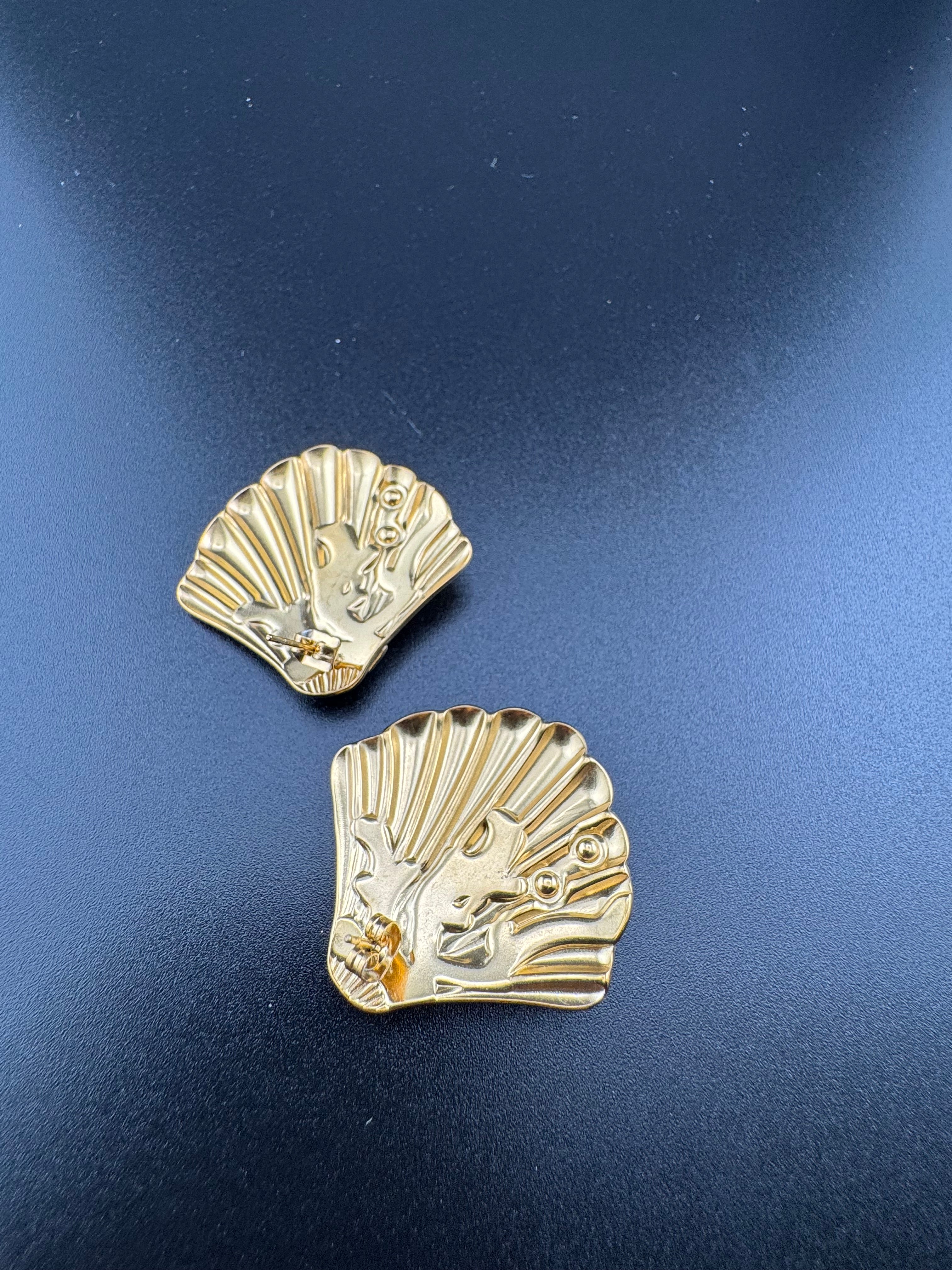 Nautical gold and silver-toned pearl seashell earrings,  pierced.