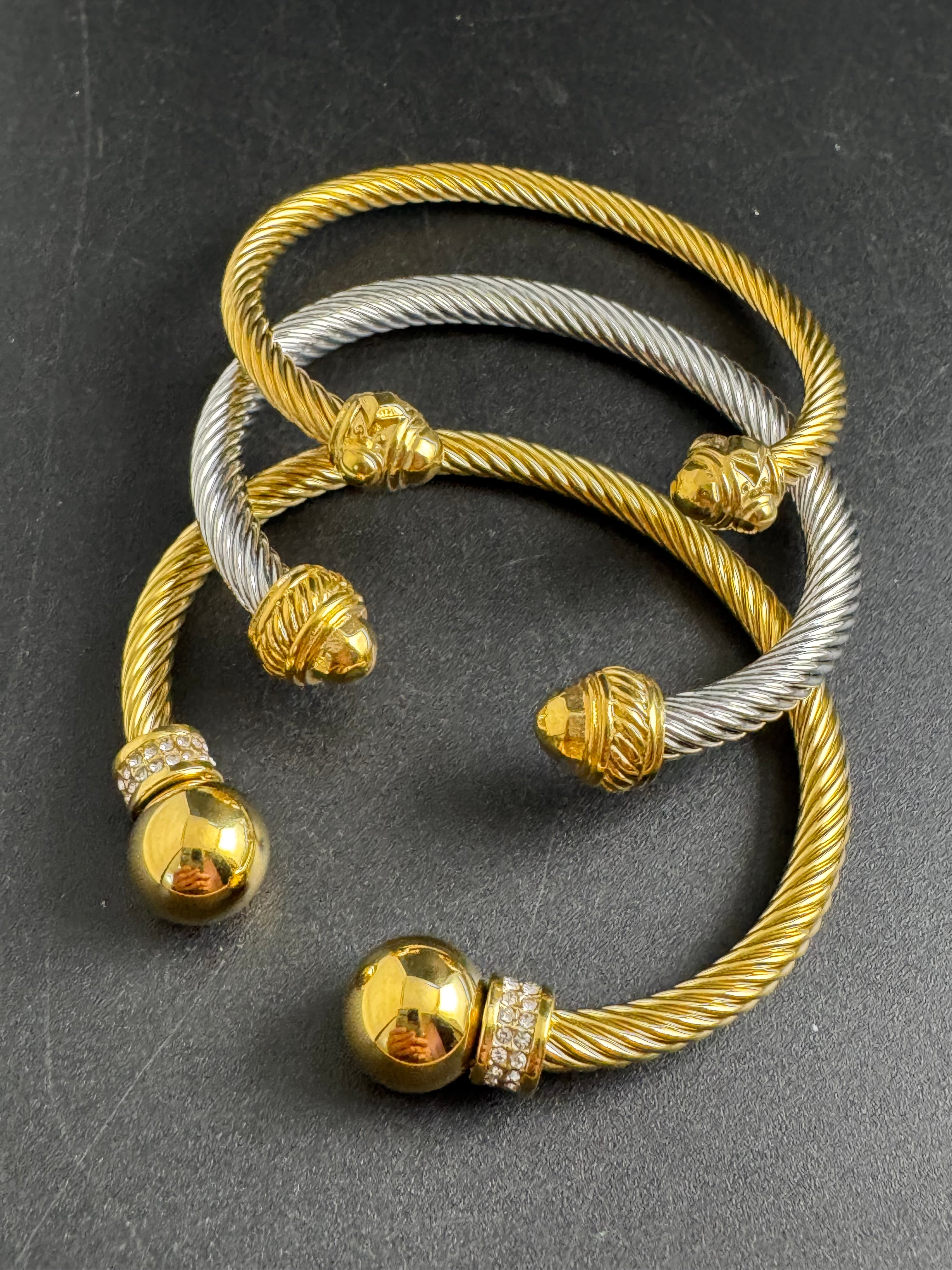 Etruscan style open twisted rhinestone torque cuff bangle gold tone