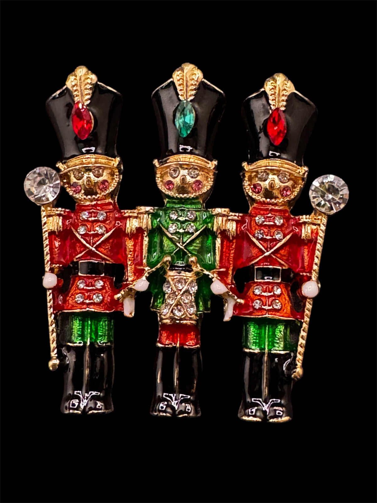 Novelty diamanté nutcracker soldier enamel brooch, red and gold enamel, festive jewellery