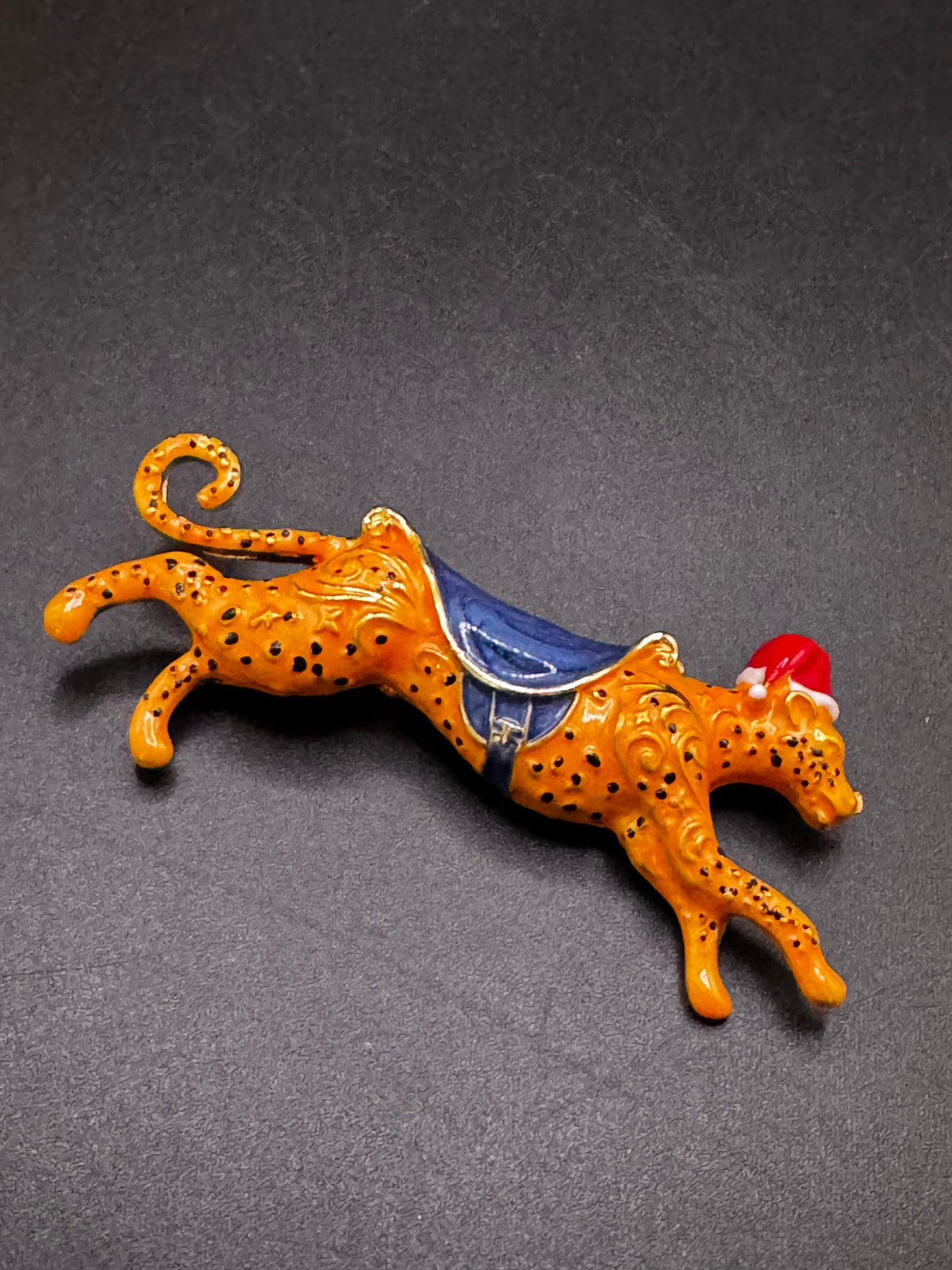 Novelty christmas enamel leopard brooch, big cat festive jewellery