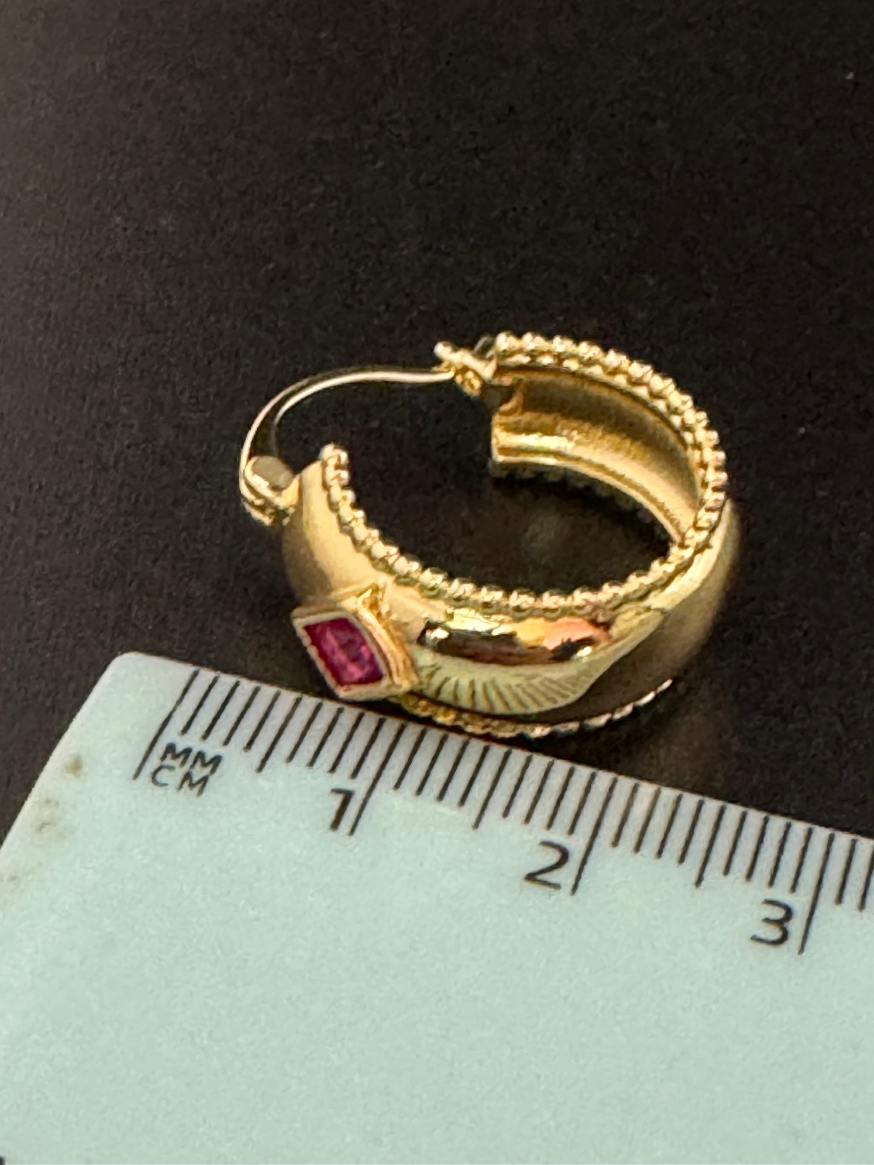 Wide crystal gold hoop earrings with pink emerald and tourmaline crystals