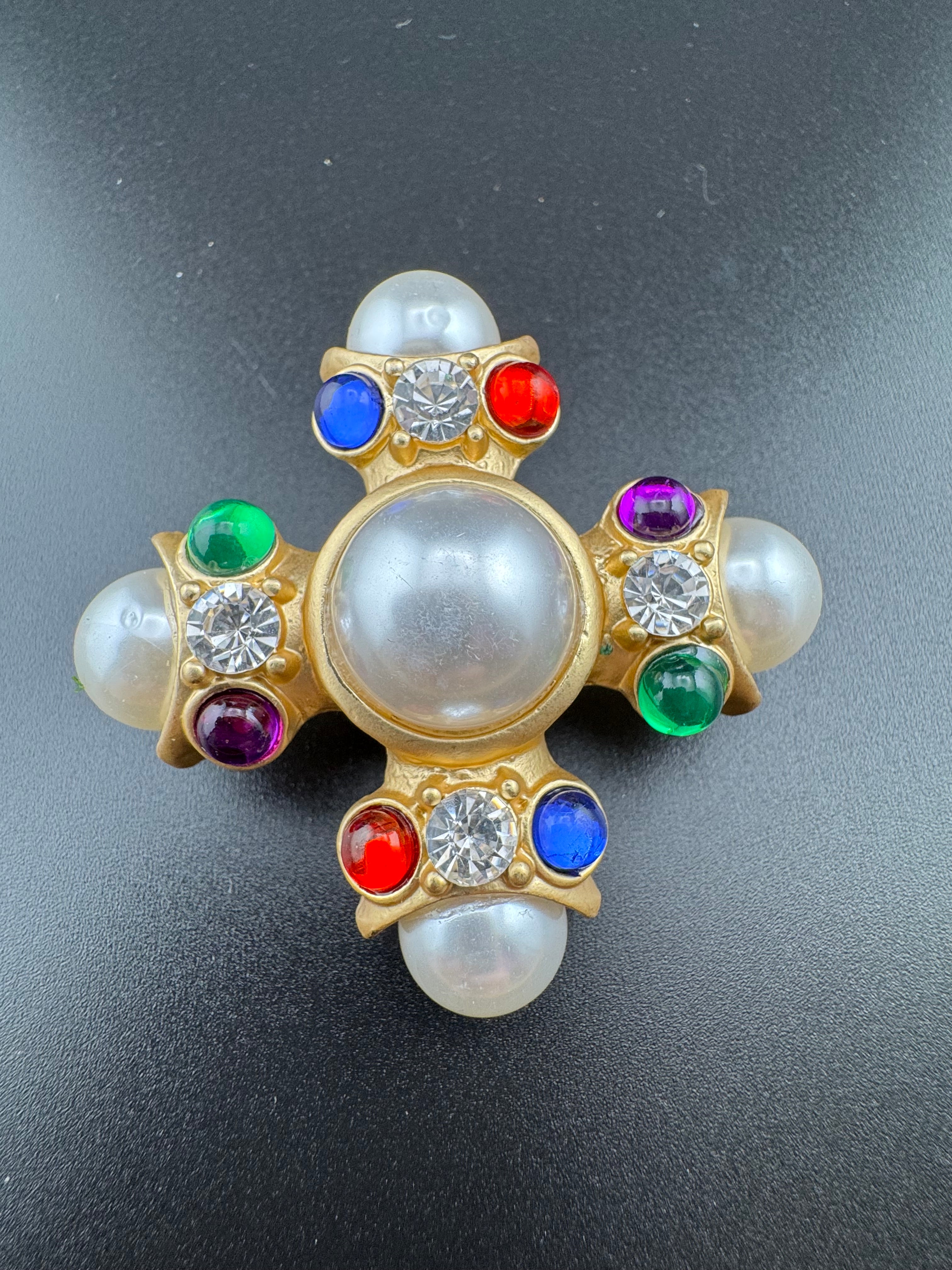 Large diamanté pearl Maltese cross brooch and pendant
