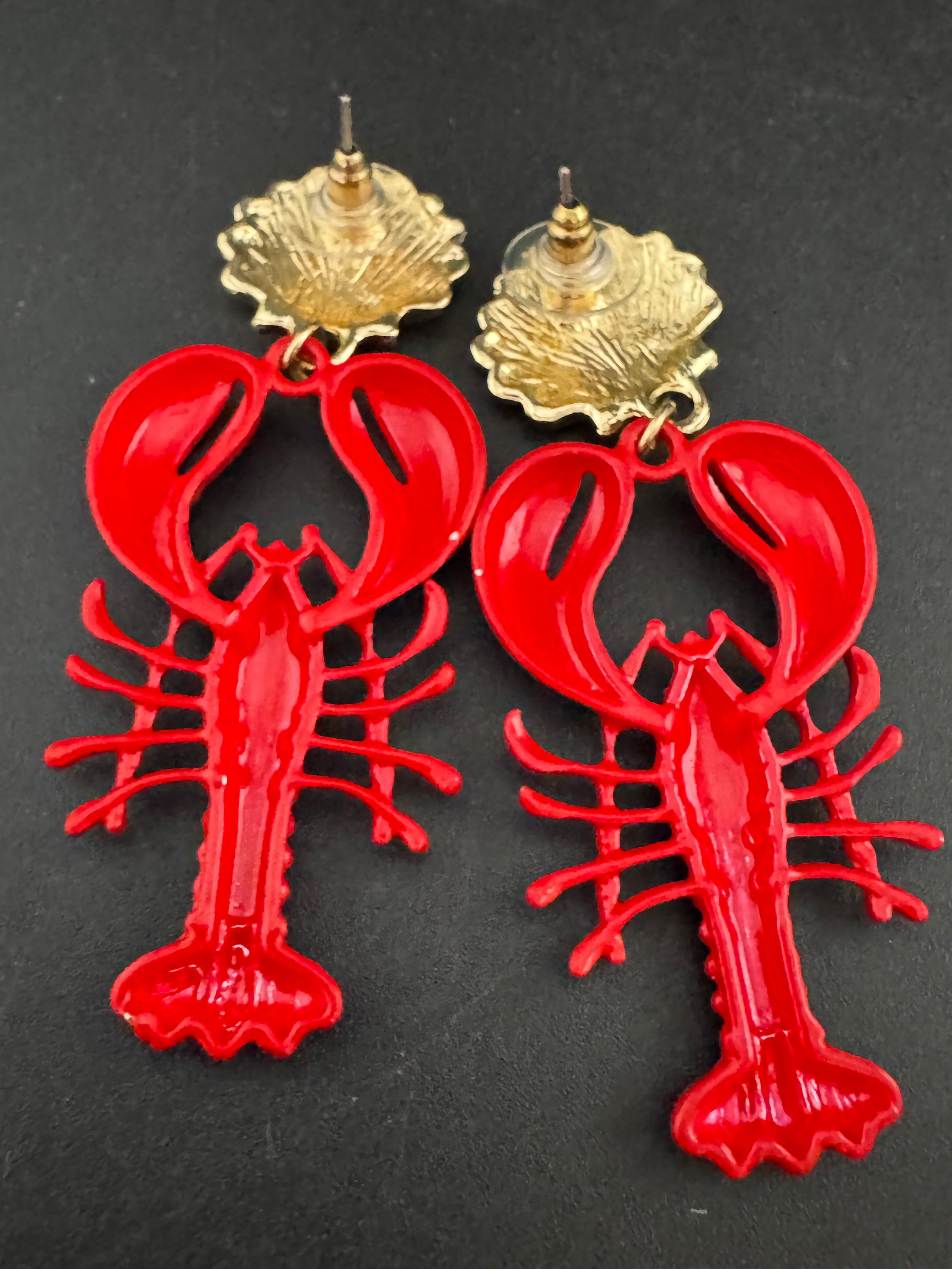 Bright red enamel lobster dangly earrings with gold seashells