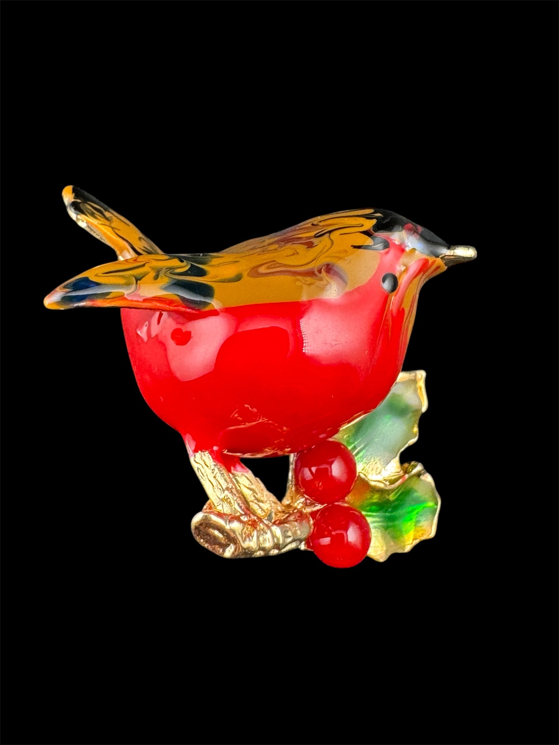 Enamel Christmas Robin bird brooch with holly