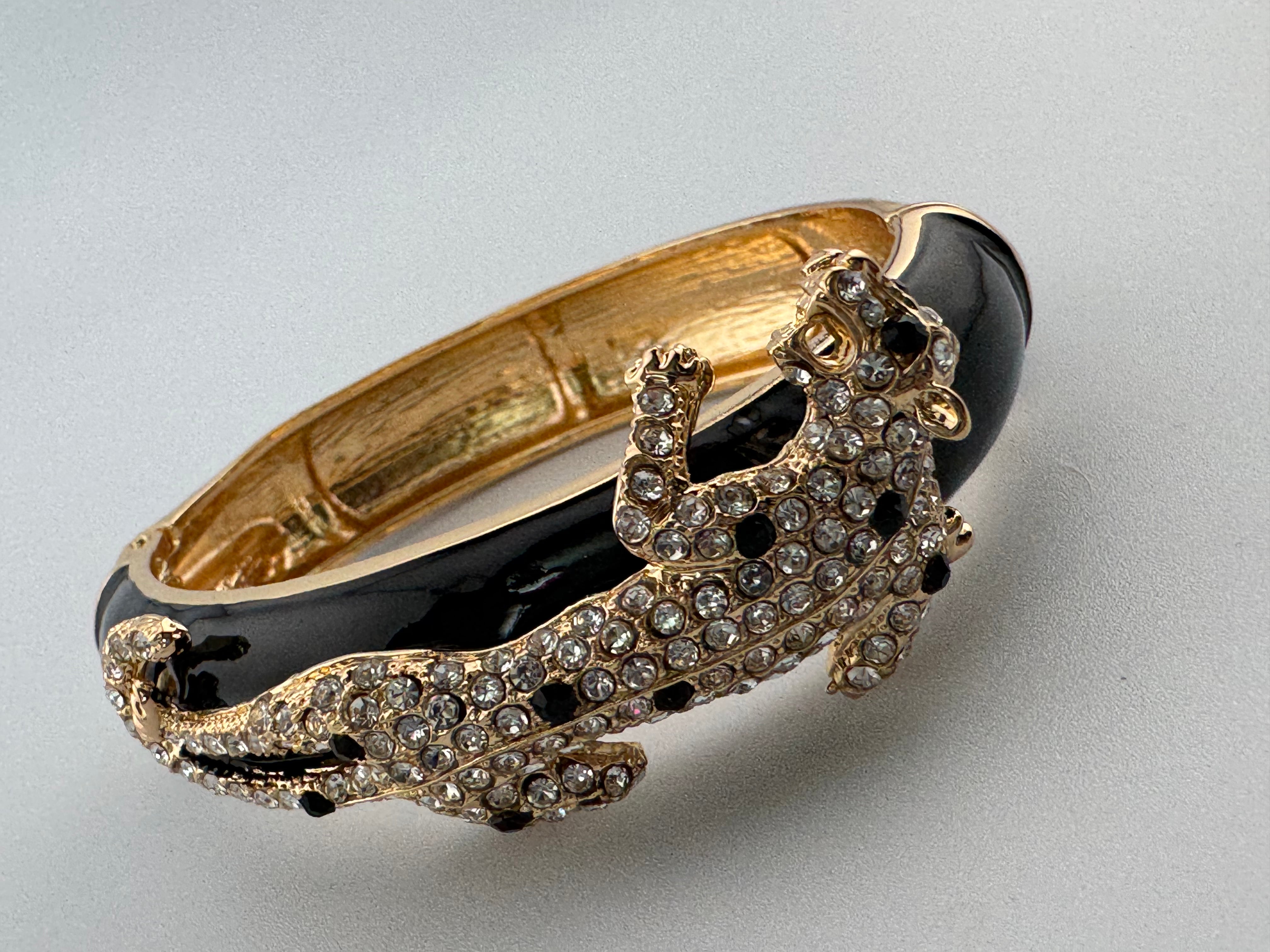 Classic black and clear Crystal black enamel Leopard clamper Bangle Animal big cat Bracelets
