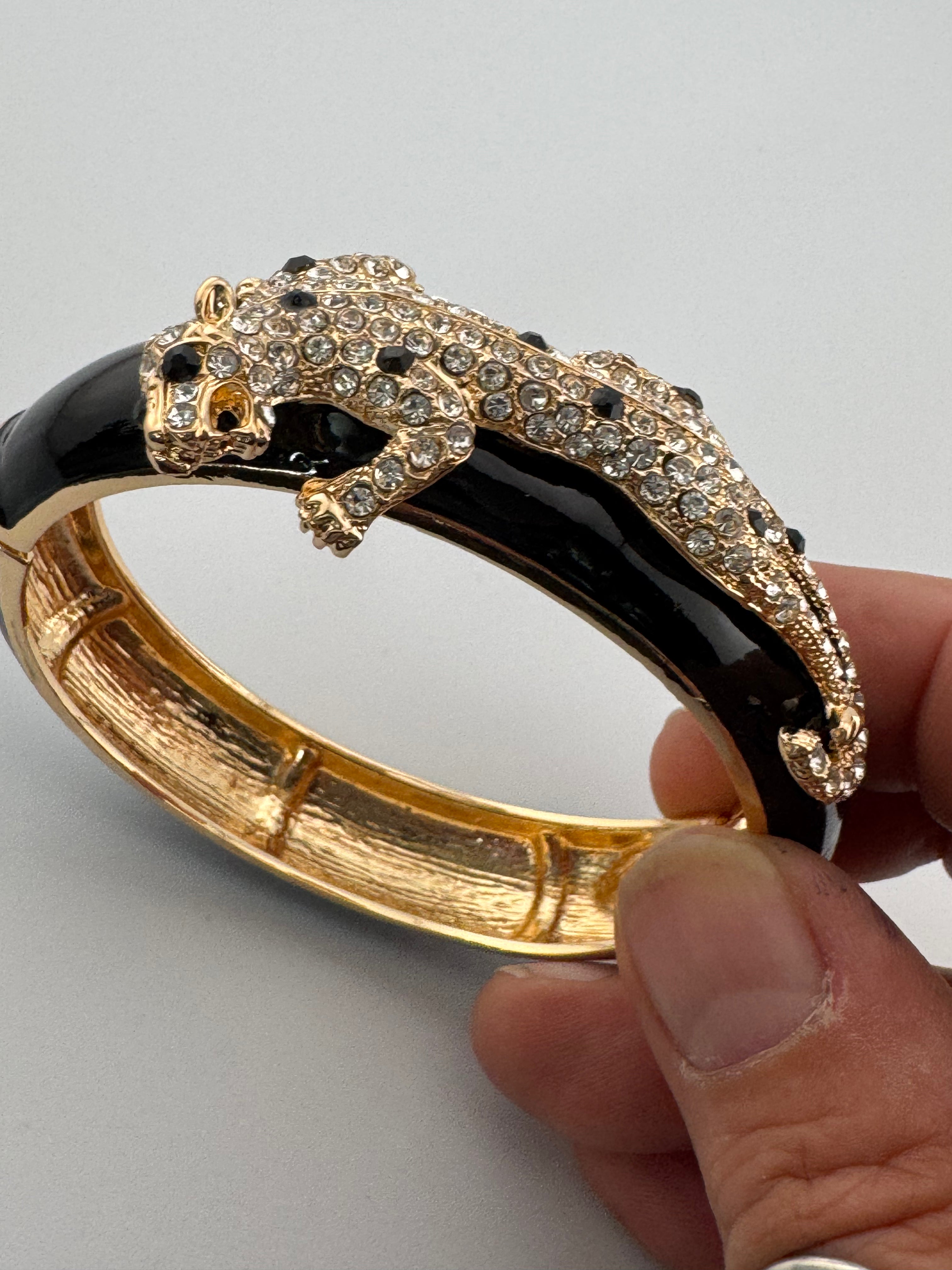 Classic black and clear Crystal black enamel Leopard clamper Bangle Animal big cat Bracelets
