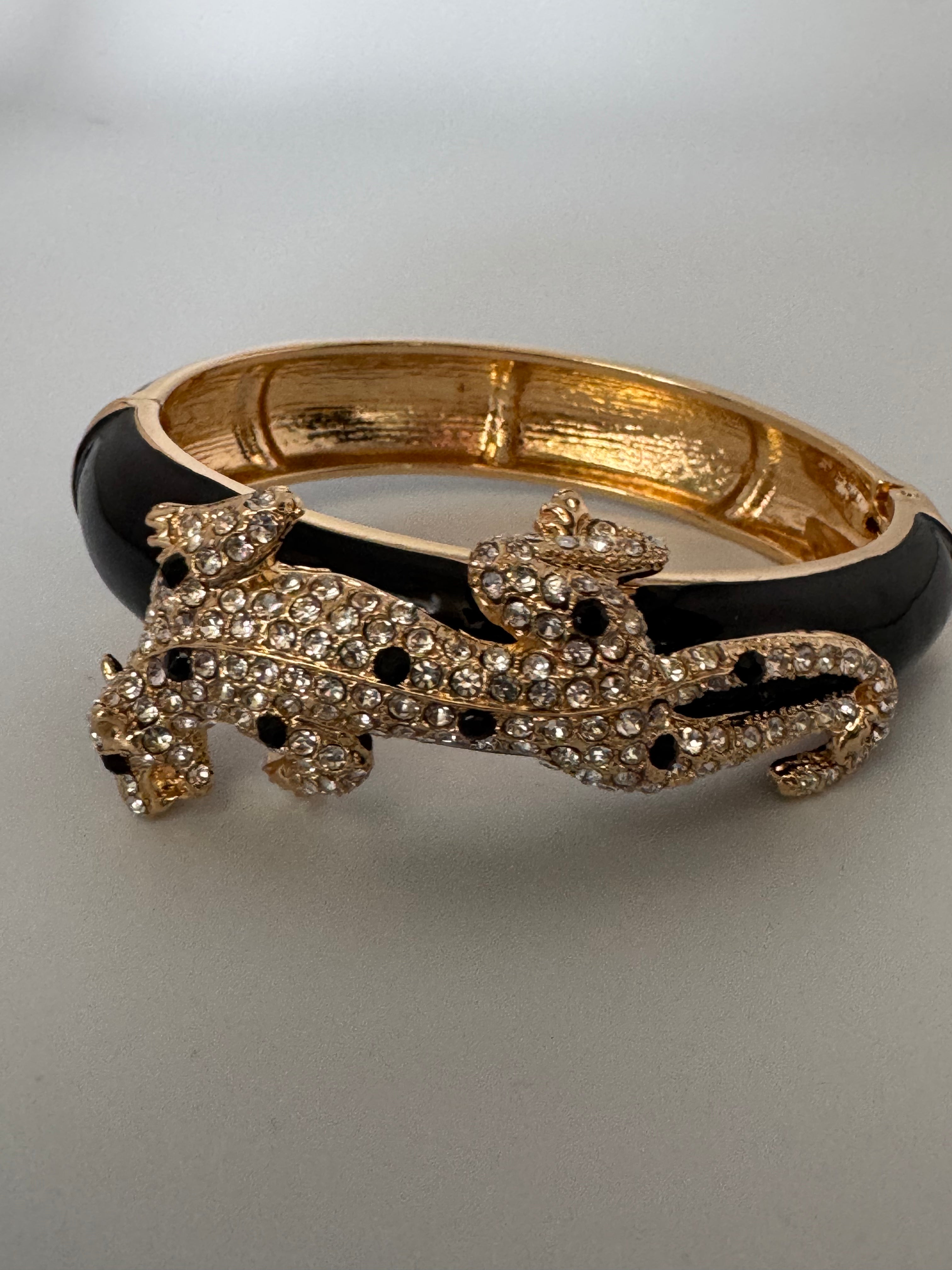 Classic black and clear Crystal black enamel Leopard clamper Bangle Animal big cat Bracelets