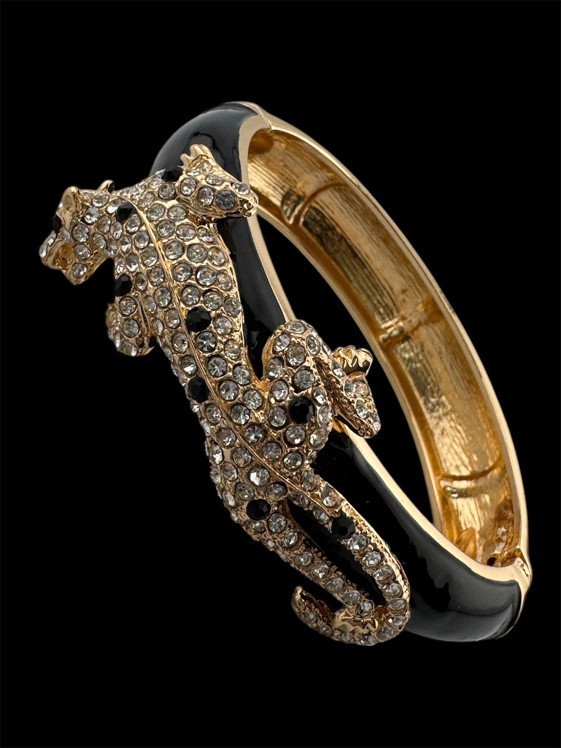 Classic black and clear Crystal black enamel Leopard clamper Bangle Animal big cat Bracelets