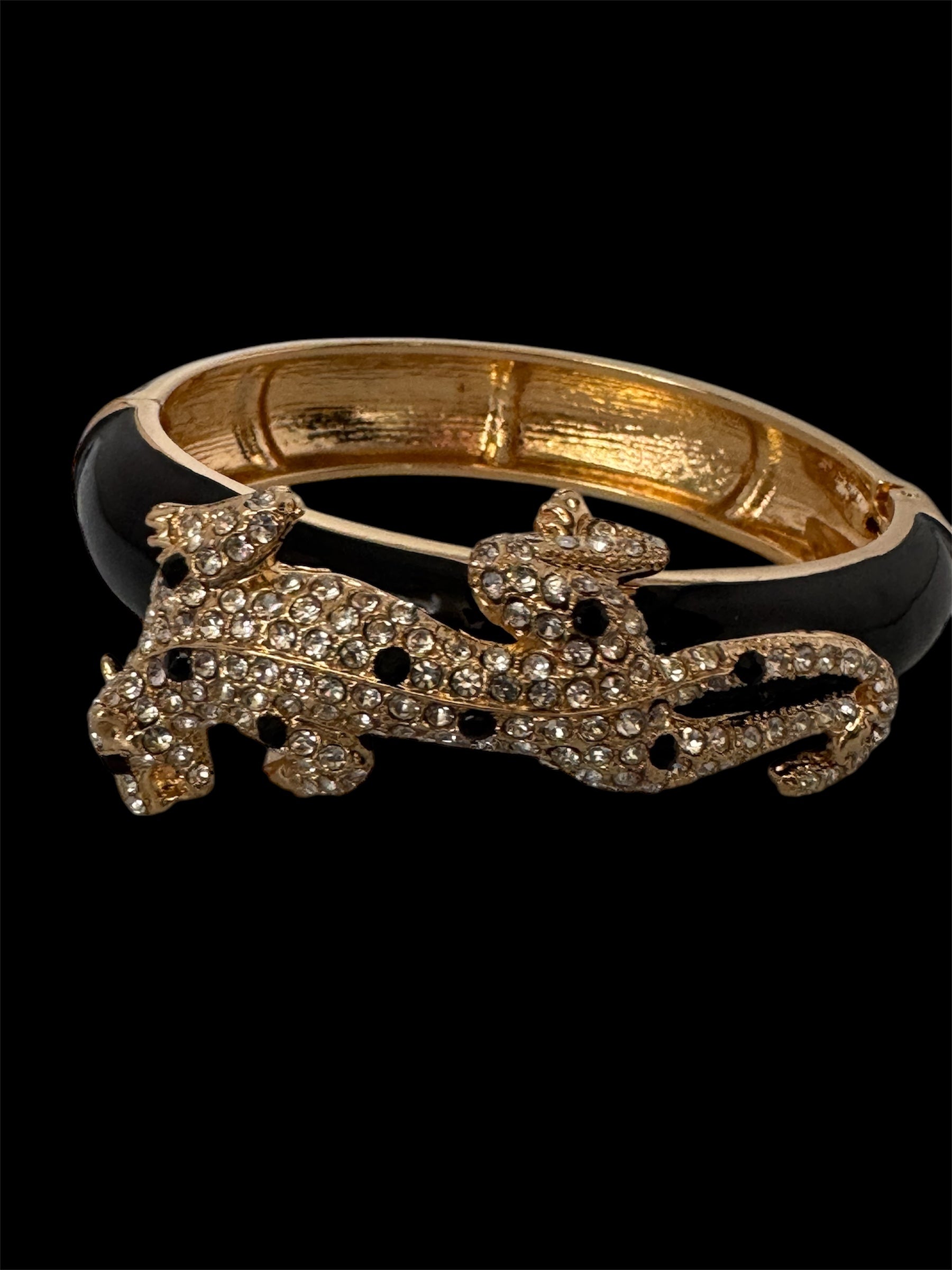Classic black and clear Crystal black enamel Leopard clamper Bangle Animal big cat Bracelets