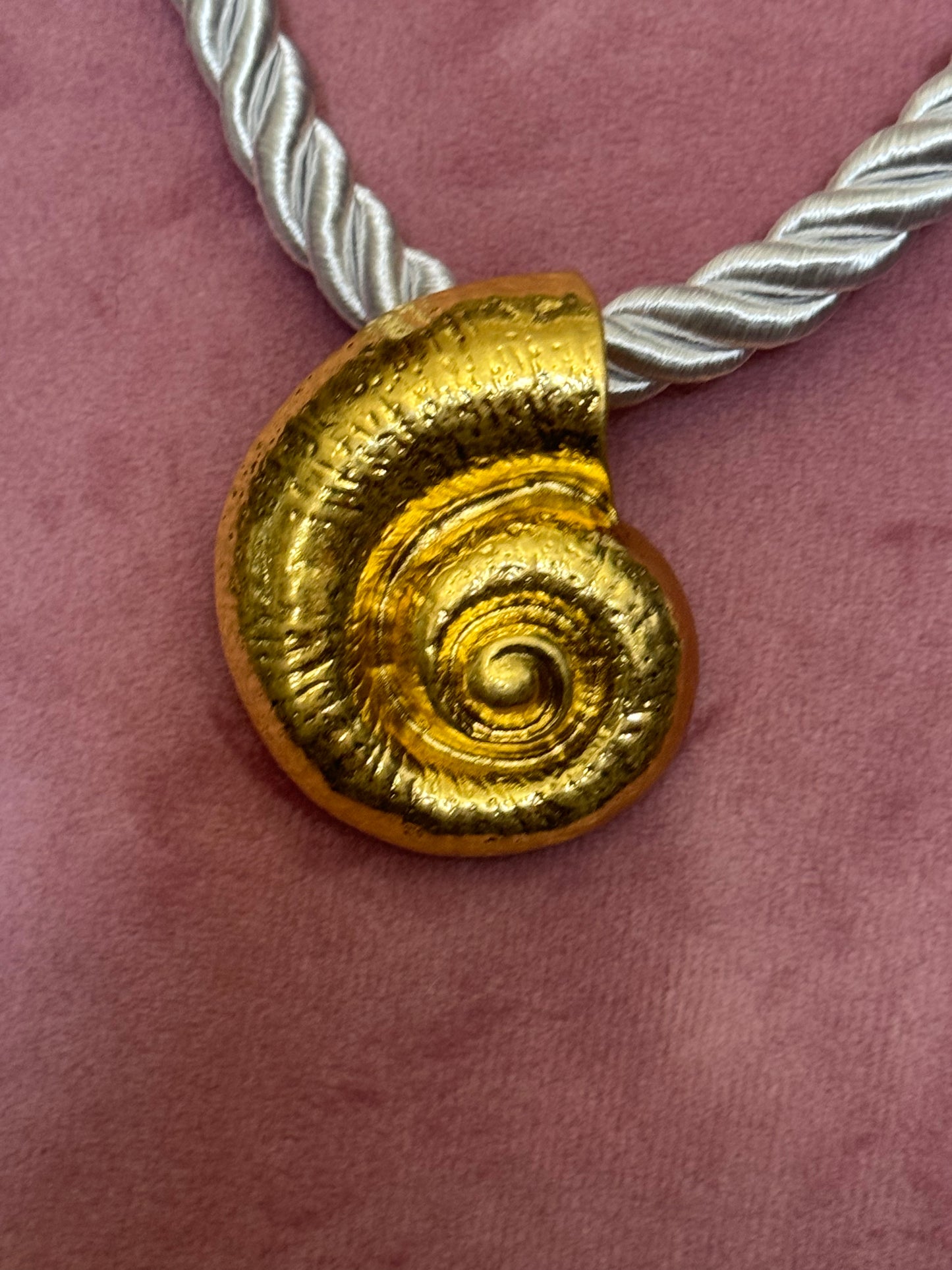 Big gold tone seashell nautical shell necklace on white cord