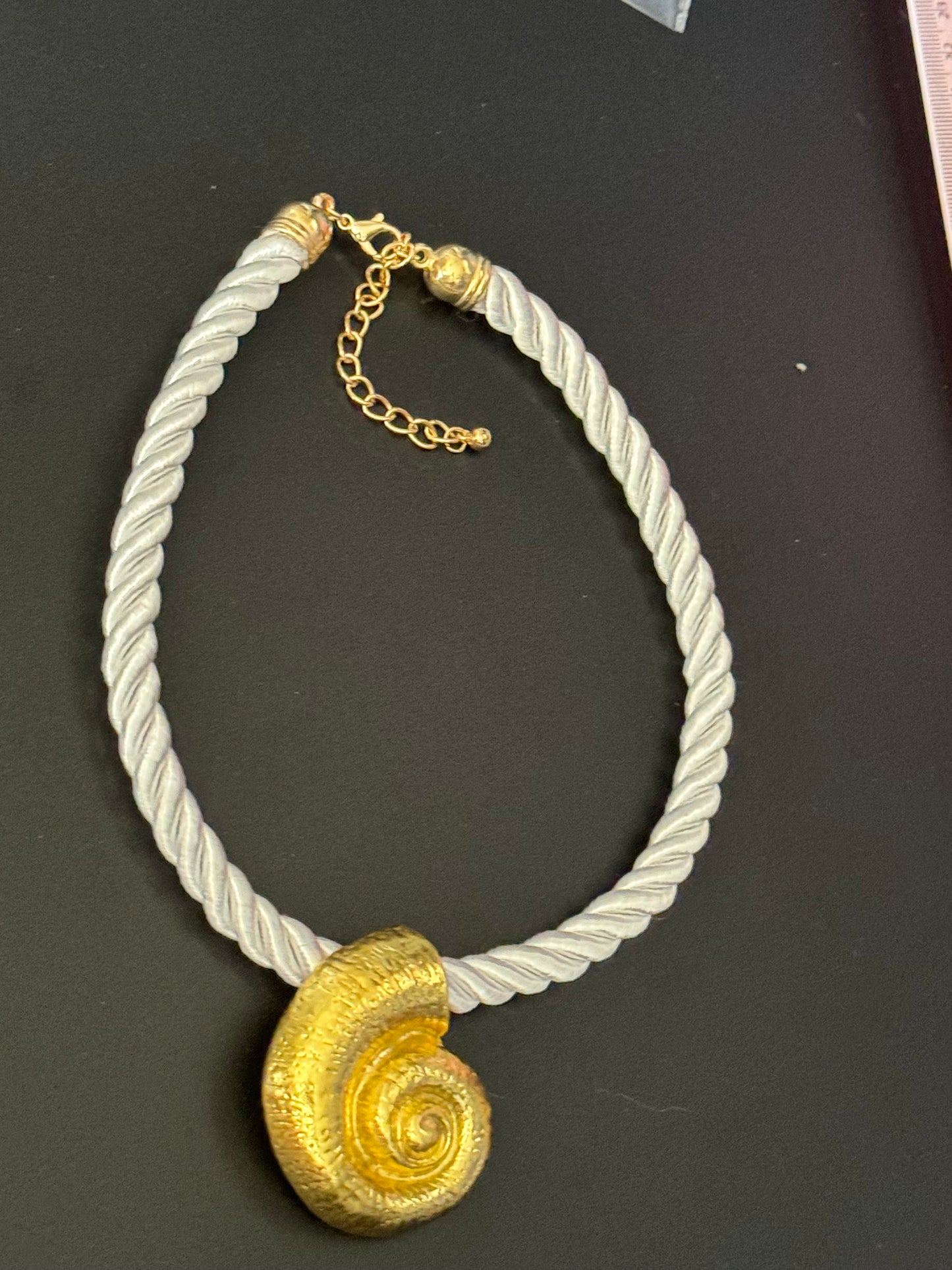 Big gold tone seashell nautical shell necklace on white cord
