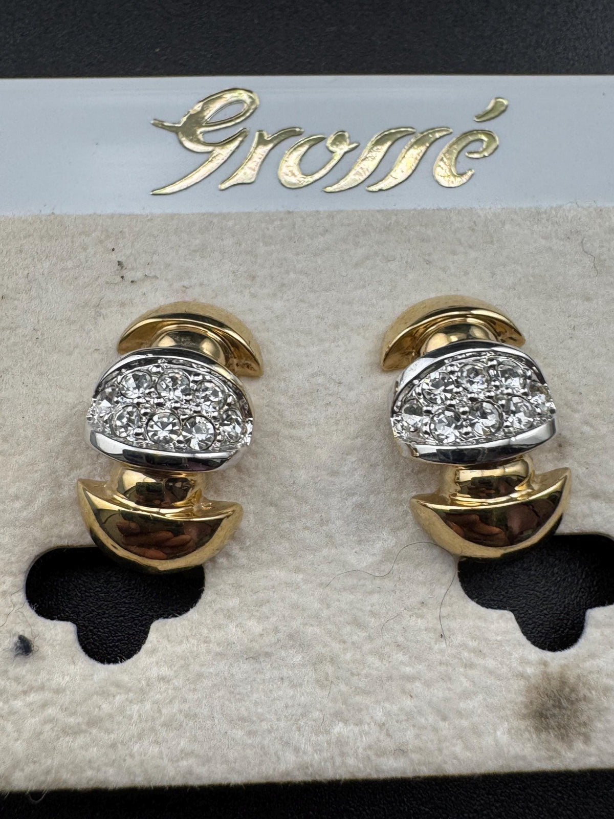 Grosse Clip On Earrings, Clear Rhinestone, German Gold Plated