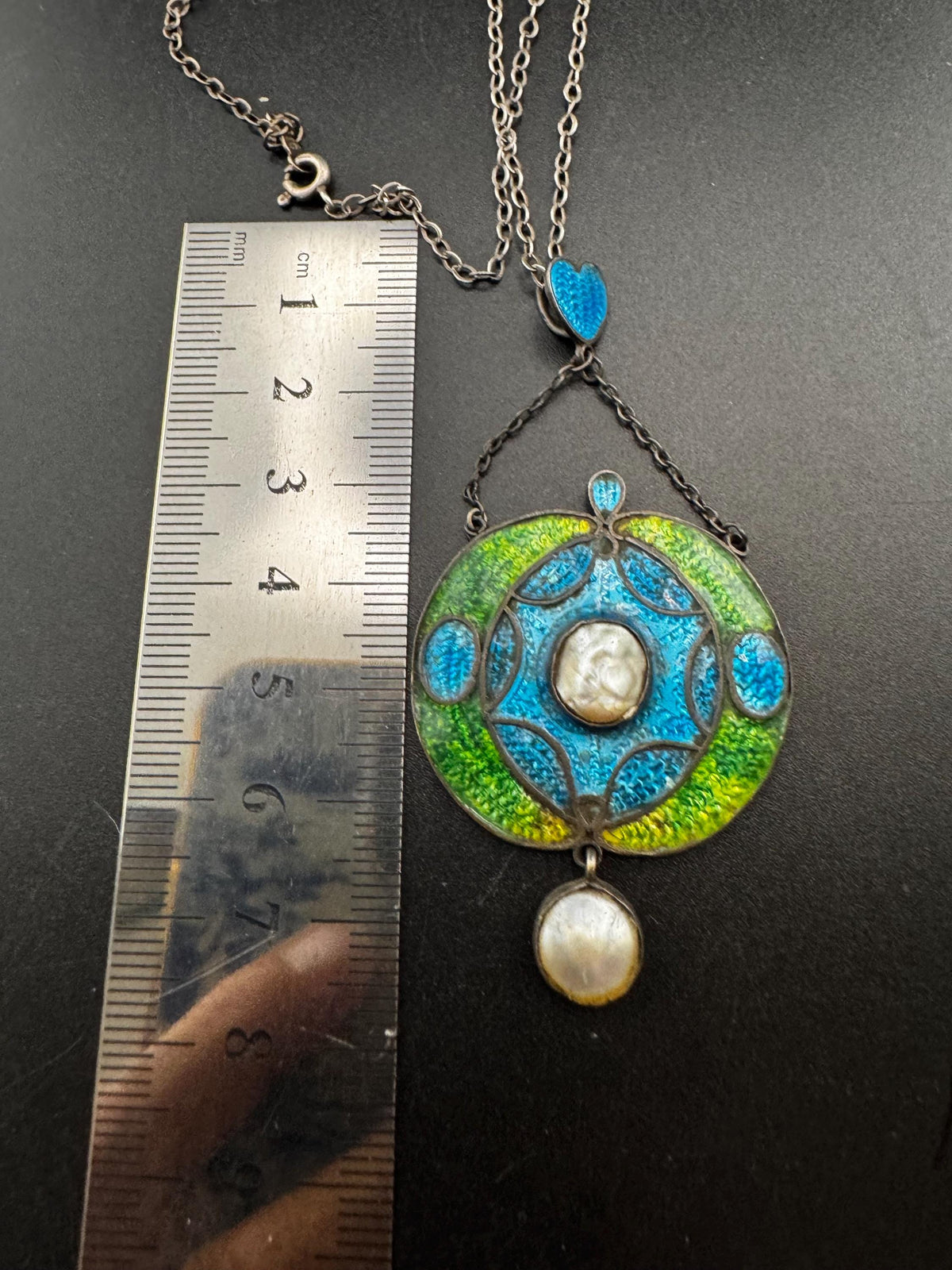 Art Nouveau Enamel Necklace, Antique Silver Pearl Guilloche Drop