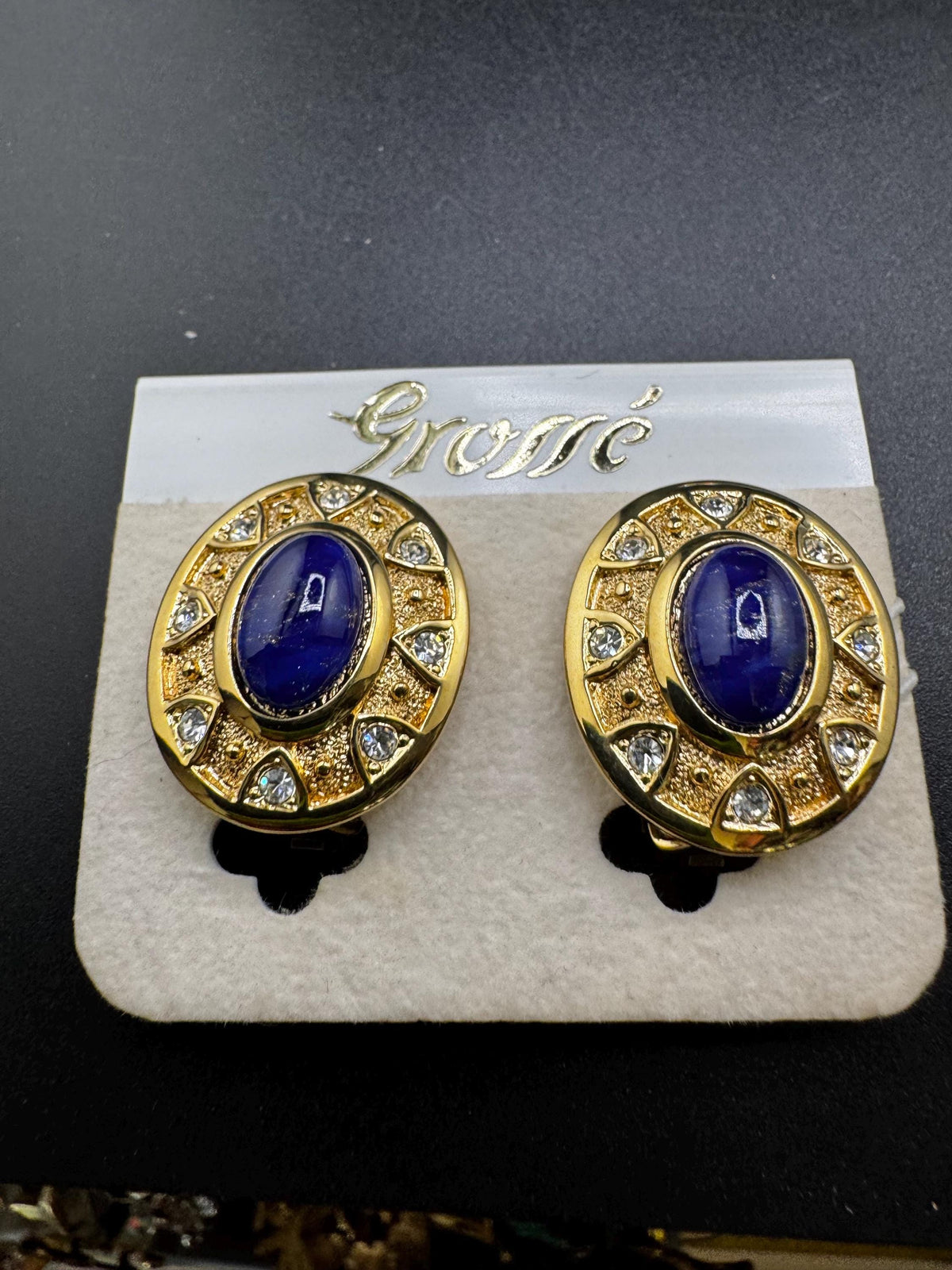 Vintage Clip Earrings, Grosse Oval Blue Lapis Cabochon, Rhinestones