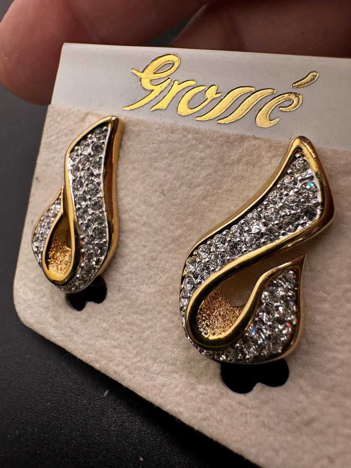 Vintage Grosse Earrings, Clear Rhinestone Clip-On, Gold Plated