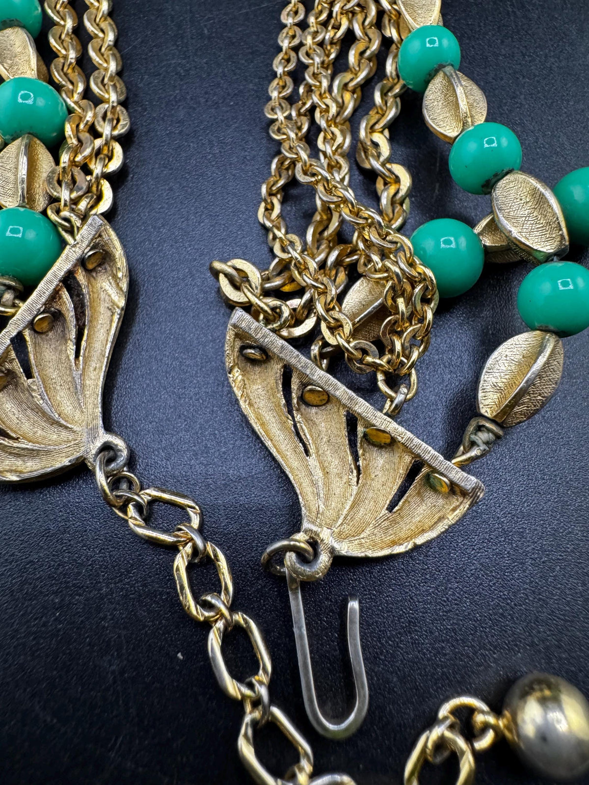Vintage Crown Trifari Necklace, Green Beaded Multistrand, 1950s