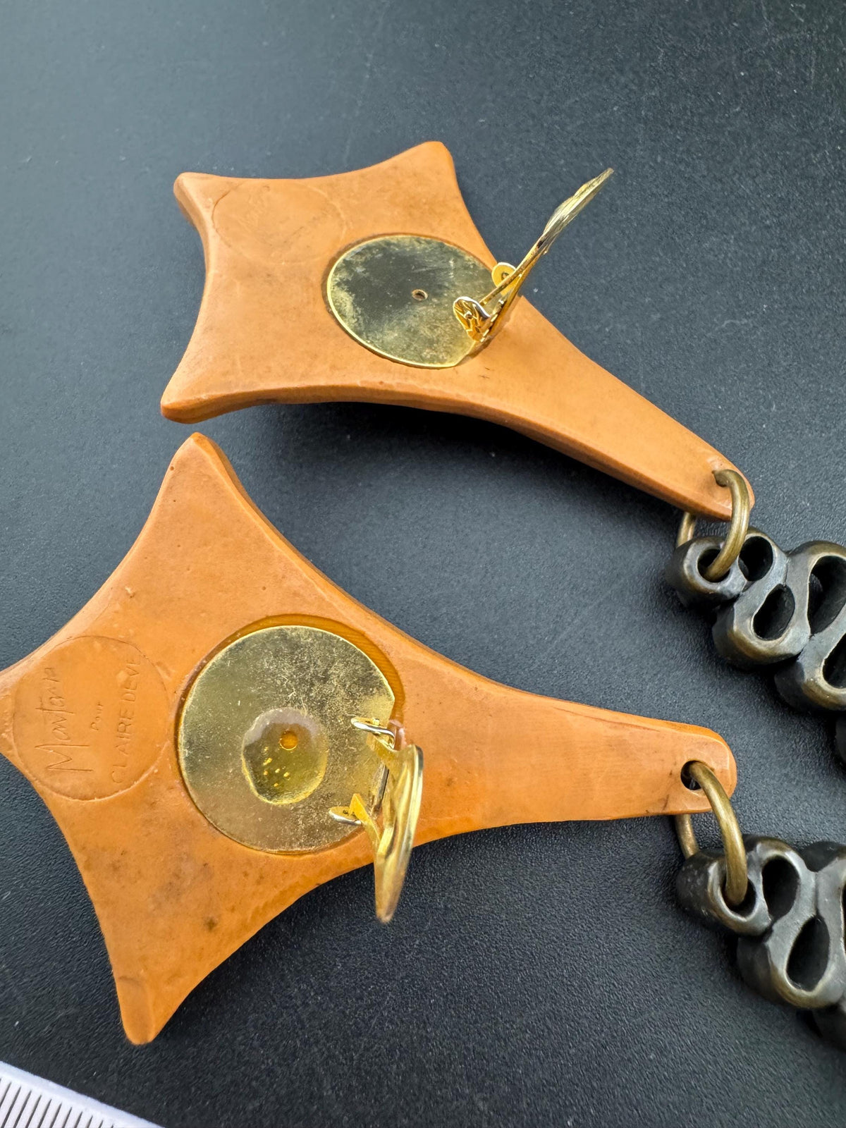 Claire Deve Earrings, Vintage Brown Resin Clip-Ons, Signed 1980S Era