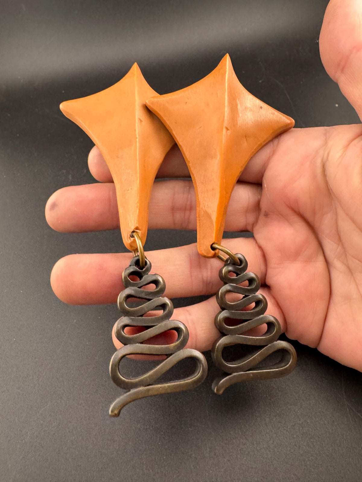 Claire Deve Earrings, Vintage Brown Resin Clip-Ons, Signed 1980S Era