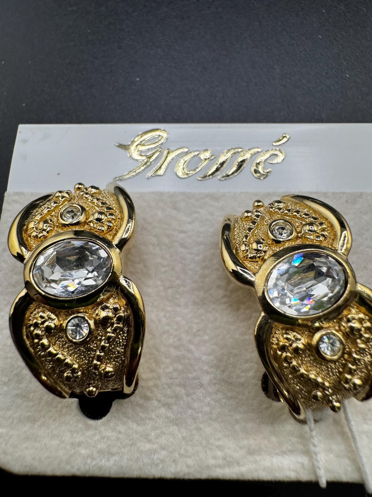 Vintage Grosse Clip Earrings, Gold Plated Rhinestone Half Hoop, 3 Cm