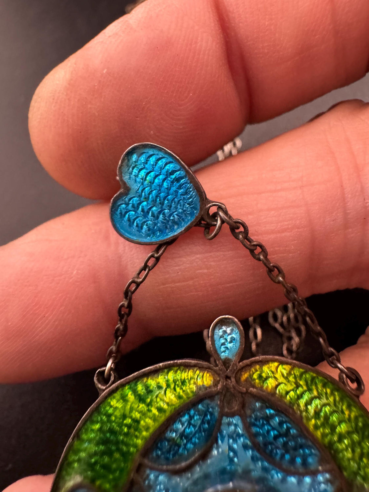 Art Nouveau Enamel Necklace, Antique Silver Pearl Guilloche Drop