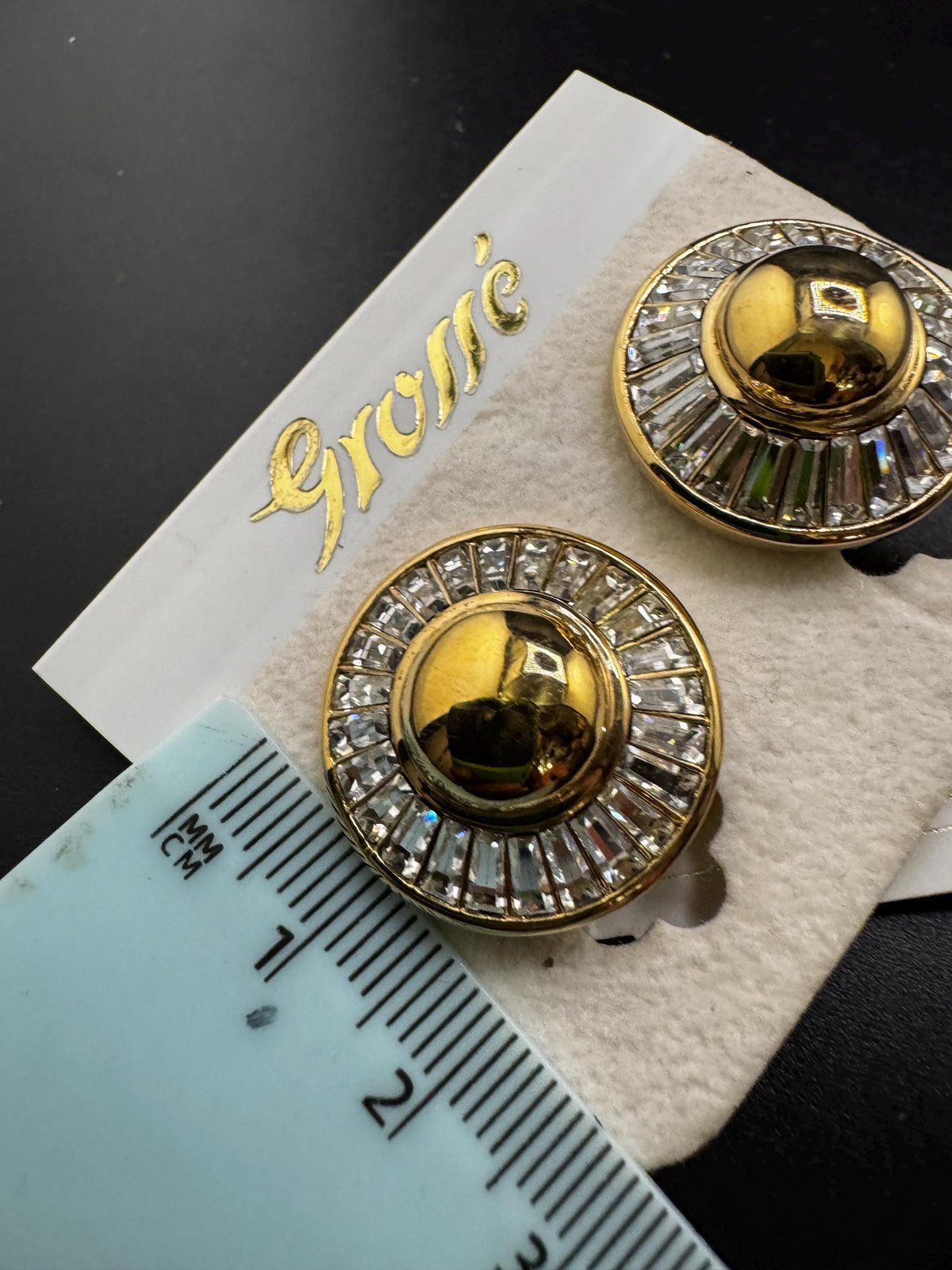 Grosse Clip On Earrings, Clear Baguette Rhinestone Round, Gold Plated
