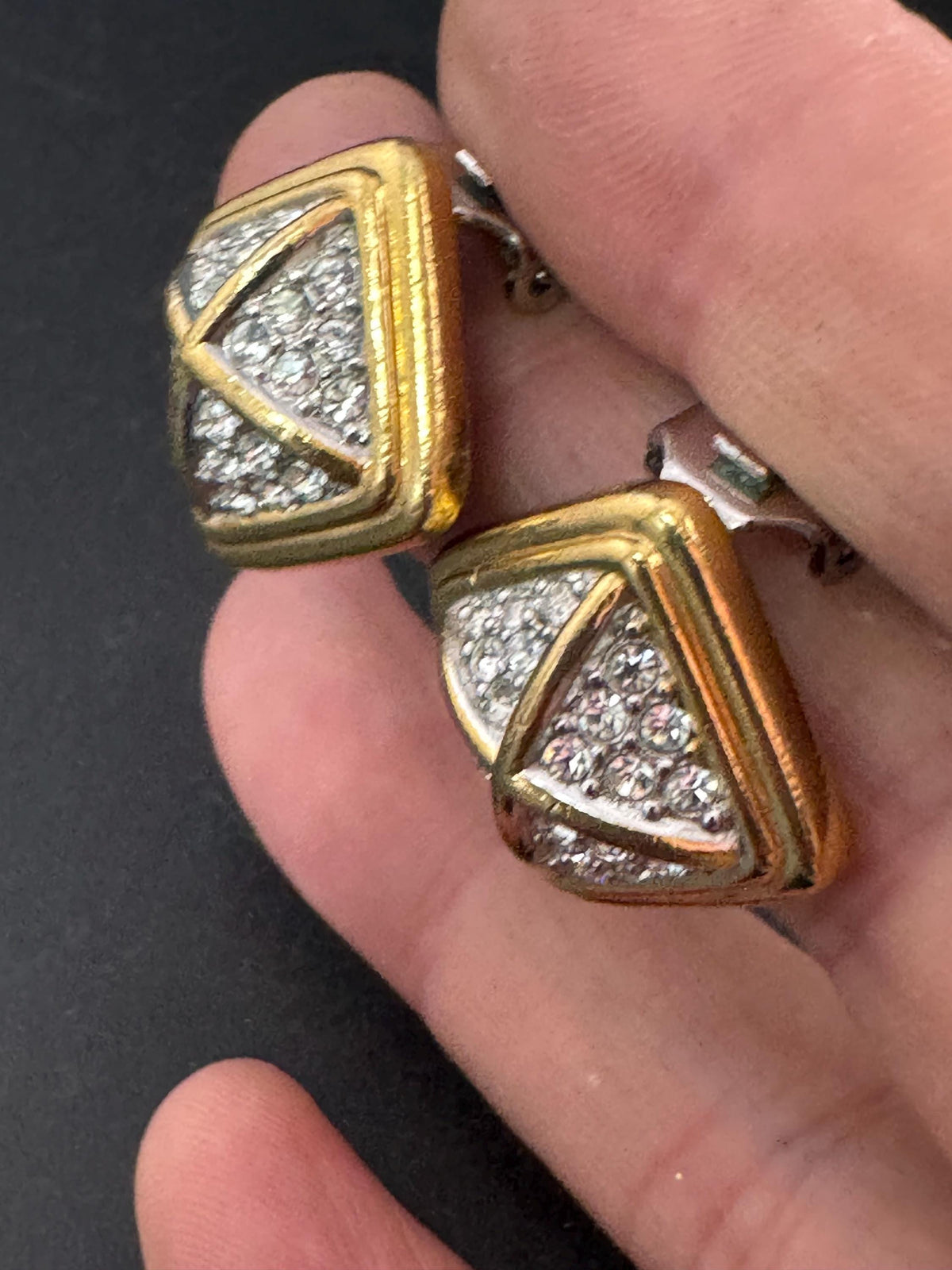 Grosse Vintage Clip Earrings Signed Square Rhinestone, Gold 17Mm