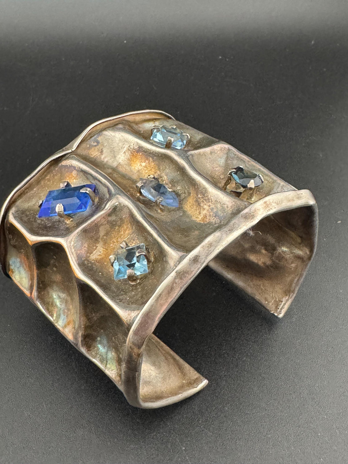 Vintage Sterling Silver Cuff, Wide Blue Crystal Open Bangle, 6 Cm