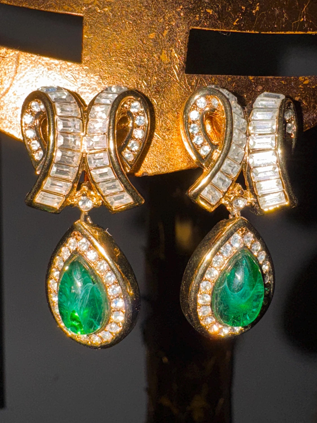 Vintage Dior Clip Earrings, Green Gripoix, Gold Tone, Signed Dior