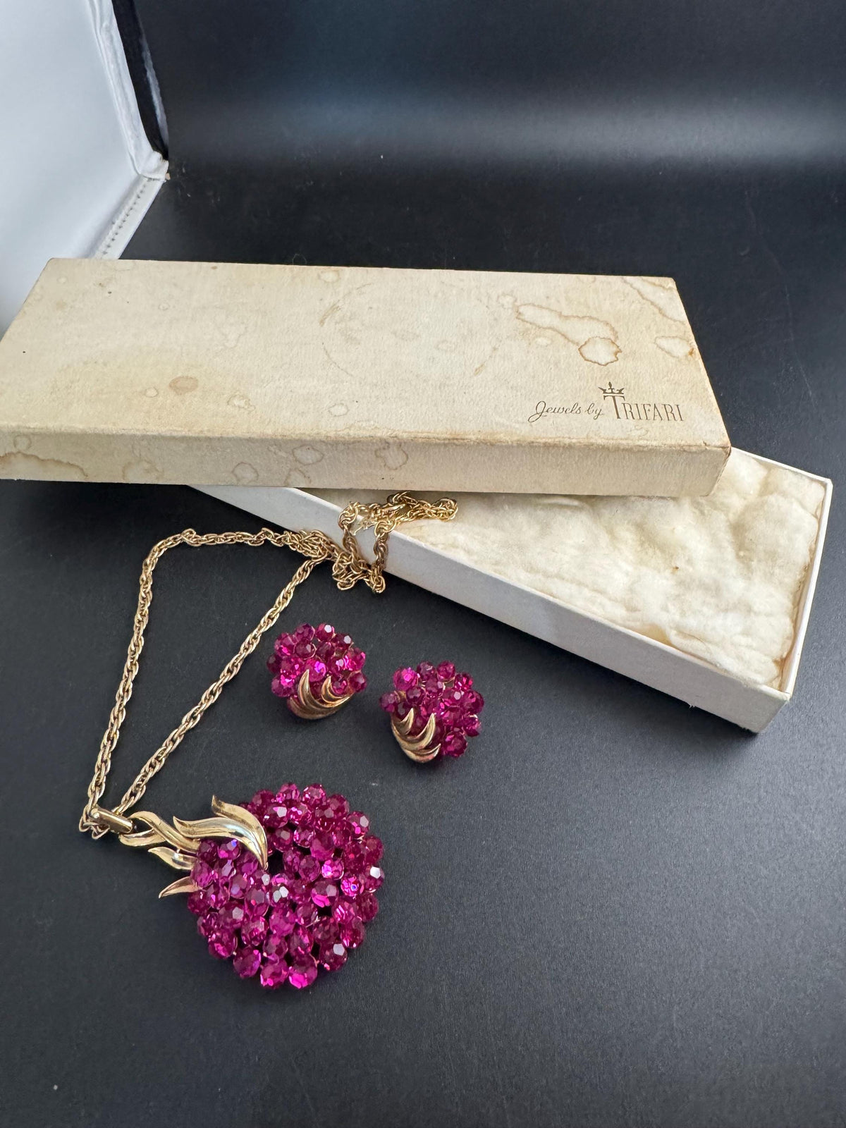 Vintage Trifari Jewelry Set, Pink Briolette Pendant Clip Earrings