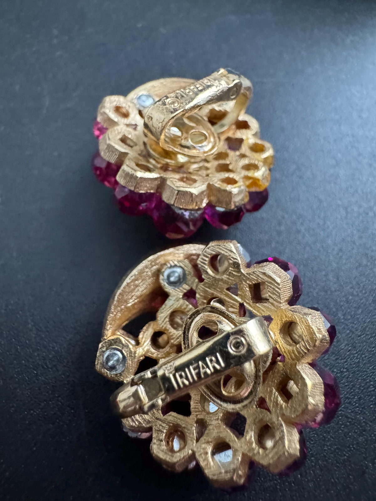 Vintage Trifari Jewelry Set, Pink Briolette Pendant Clip Earrings