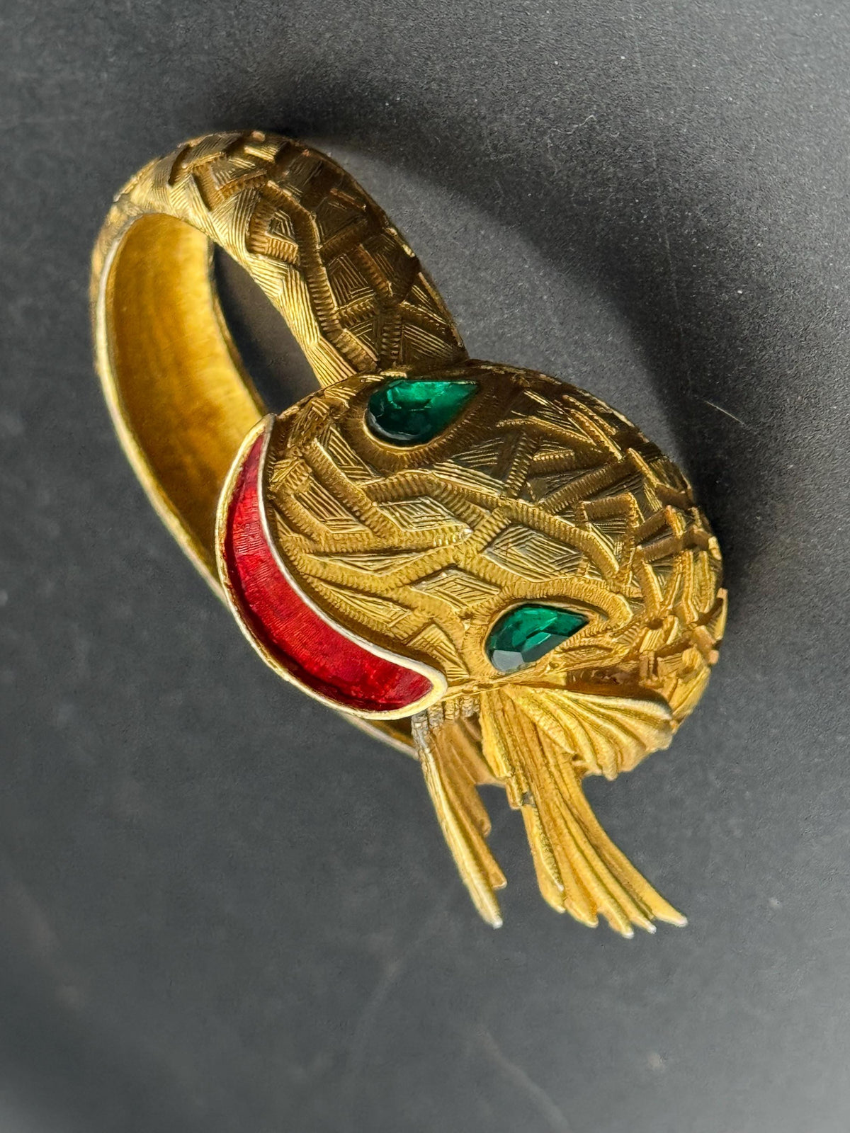 Vintage Serpent Bangle - Red Enamel, Emerald Rhinestones, Gold