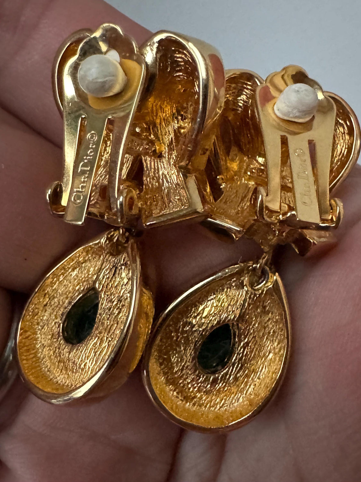 Vintage Dior Clip Earrings, Green Gripoix, Gold Tone, Signed Dior