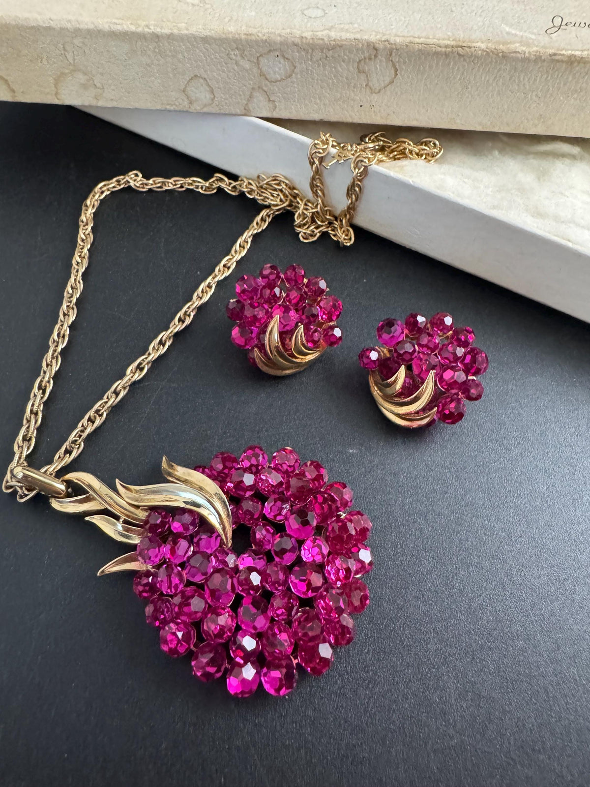 Vintage Trifari Jewelry Set, Pink Briolette Pendant Clip Earrings