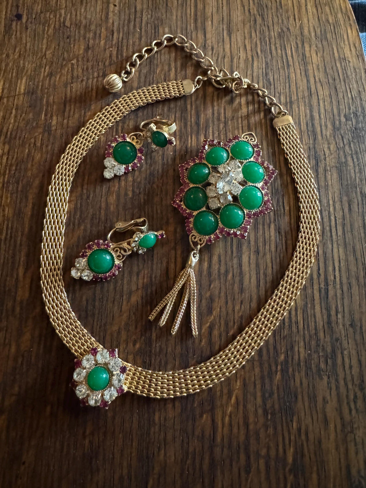 Vintage Juliana Jewelry Set, Pink Rhinestone, Green Cabochon, Gold Mesh