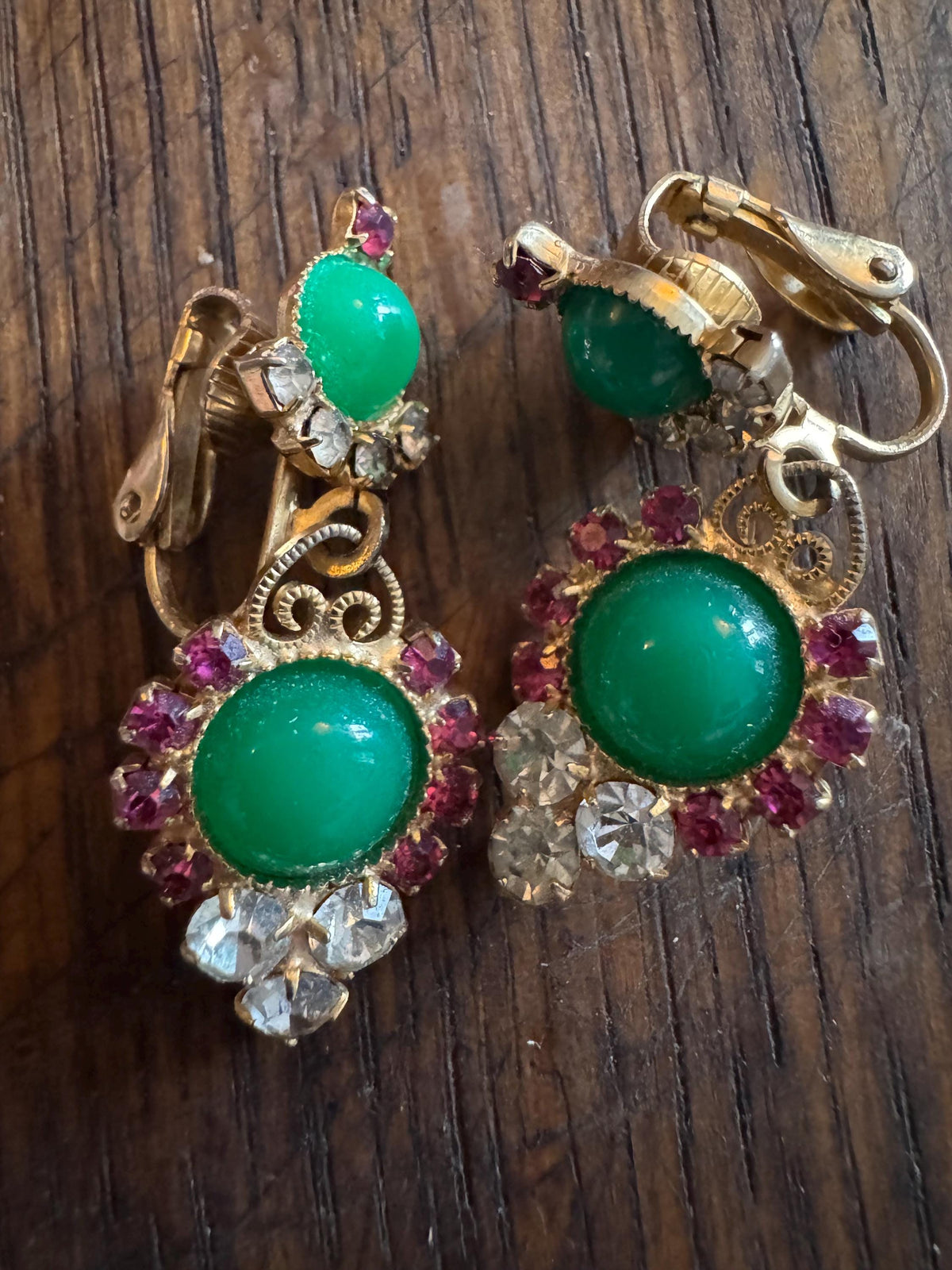 Vintage Juliana Jewelry Set, Pink Rhinestone, Green Cabochon, Gold Mesh