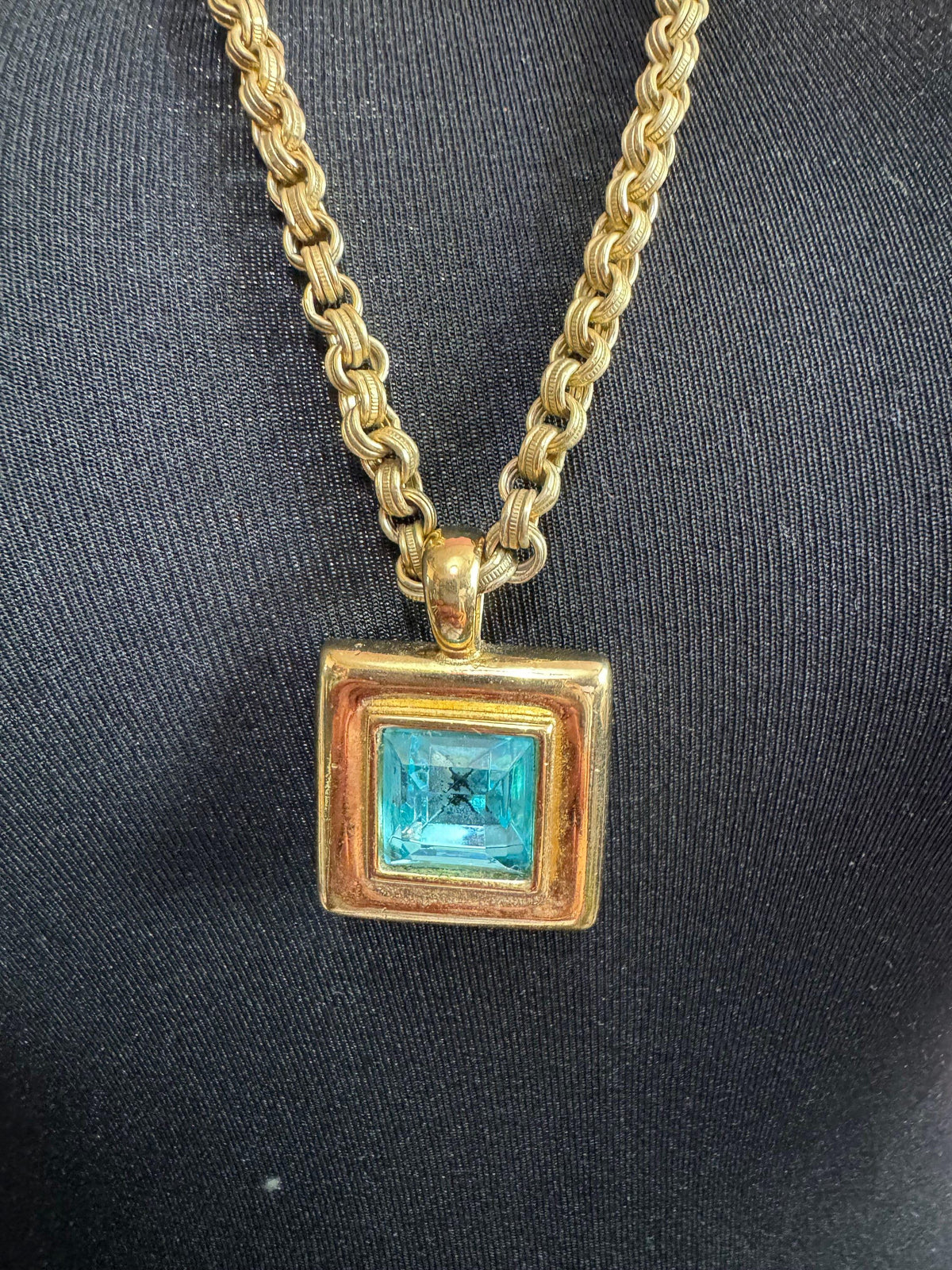 Vintage Givenchy Necklace, Chunky Gold Chain, Blue Square Pendant