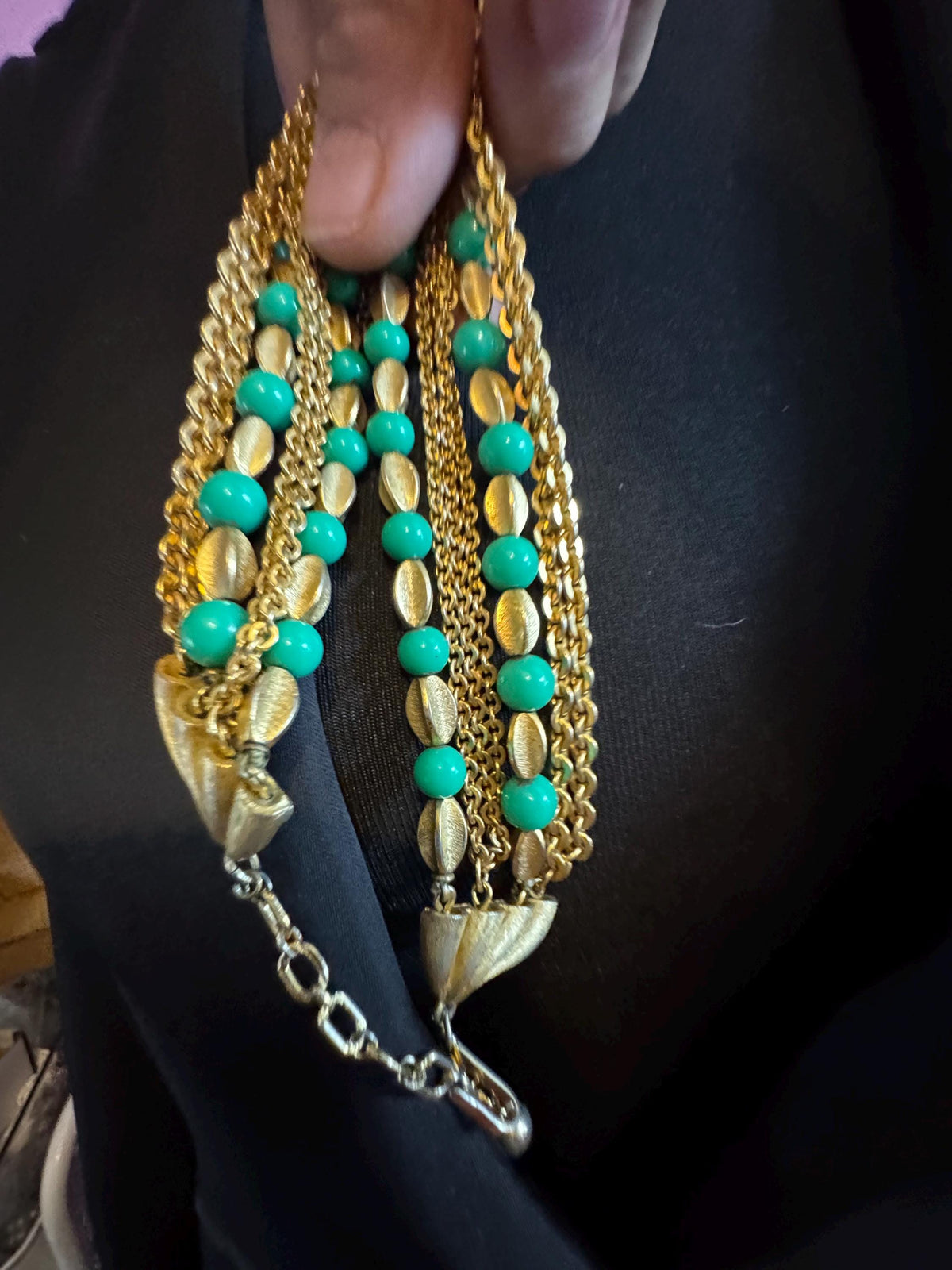 Vintage Crown Trifari Necklace, Green Beaded Multistrand, 1950s