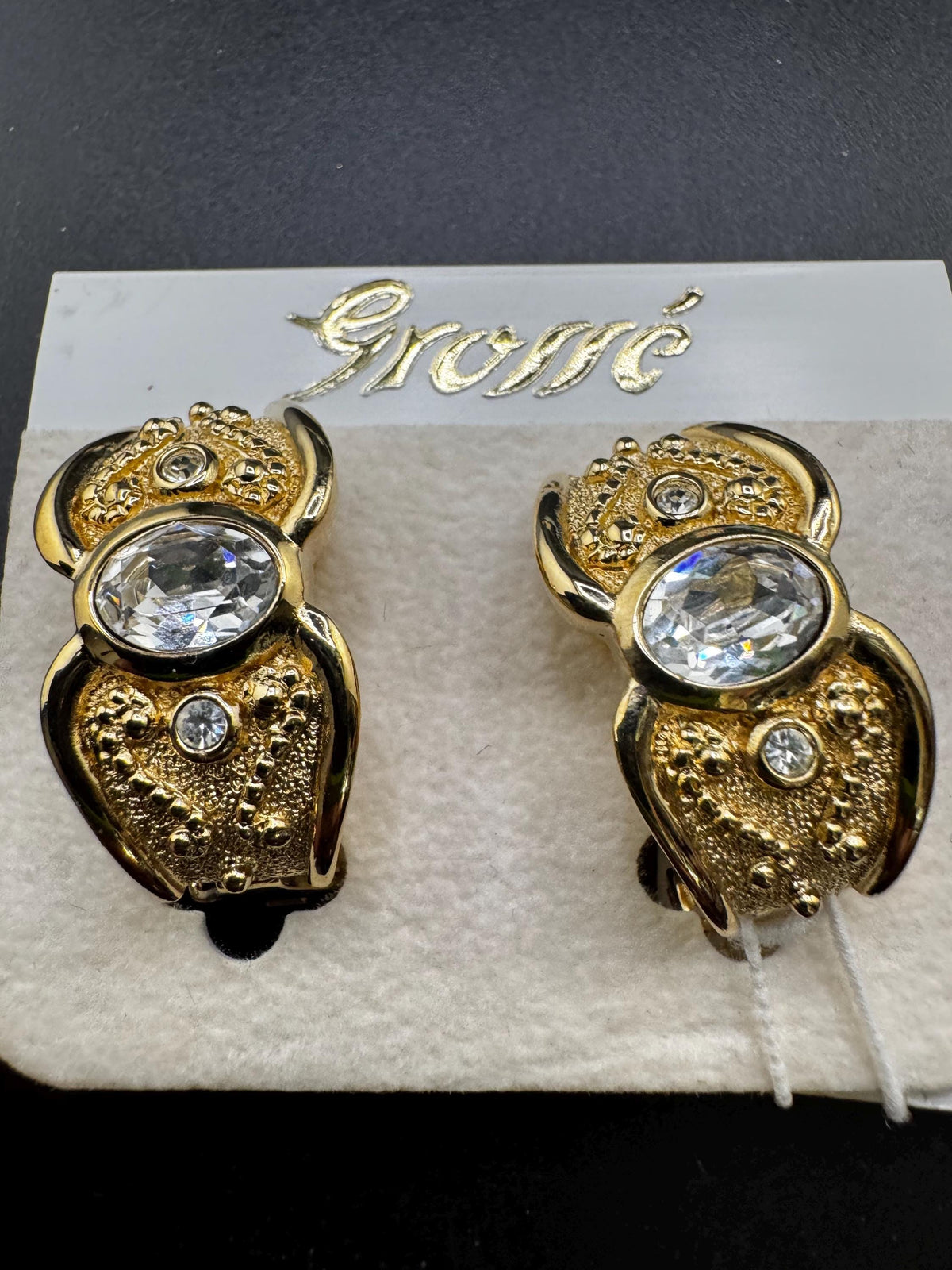 Vintage Grosse Clip Earrings, Gold Plated Rhinestone Half Hoop, 3 Cm