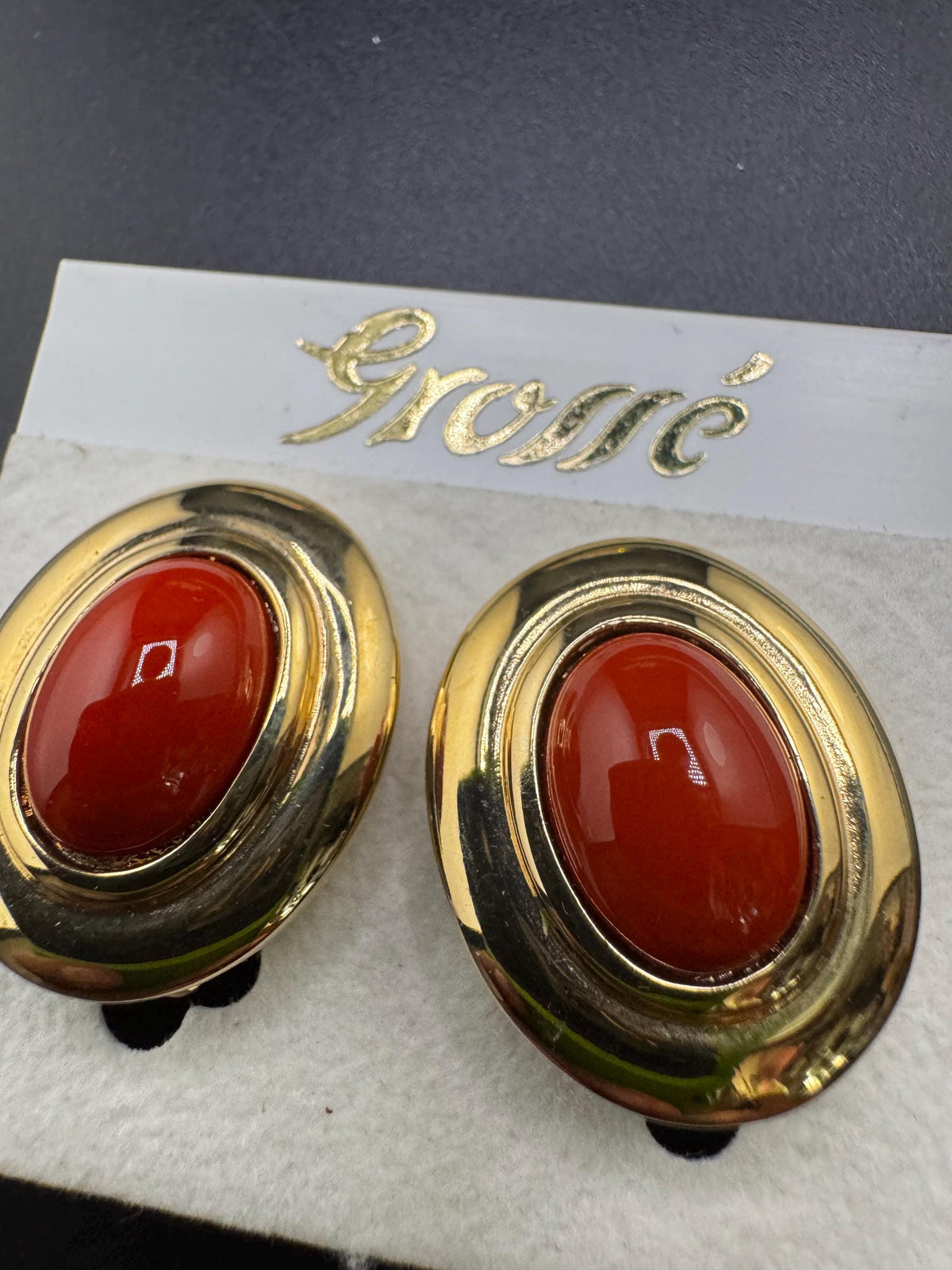 Vintage Clip On Earrings, Grosse Terracotta Cabochon, Gold Plated