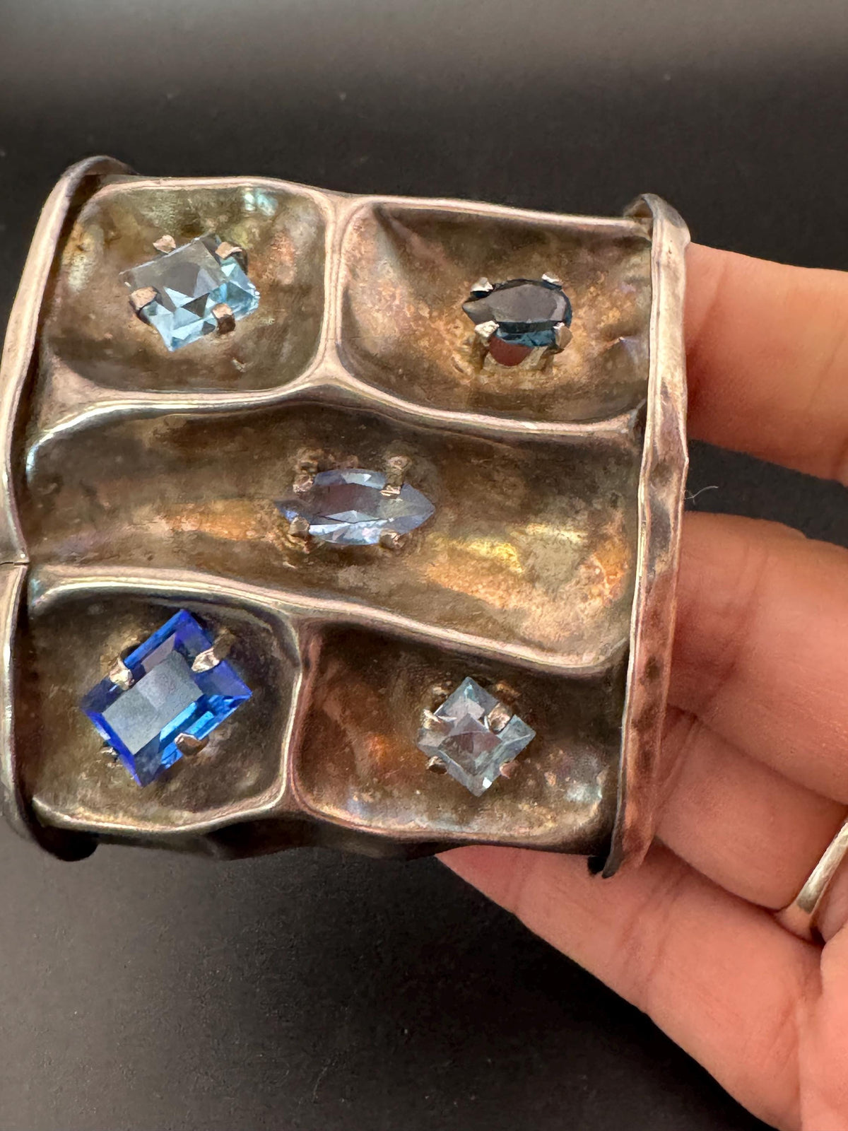 Vintage Sterling Silver Cuff, Wide Blue Crystal Open Bangle, 6 Cm