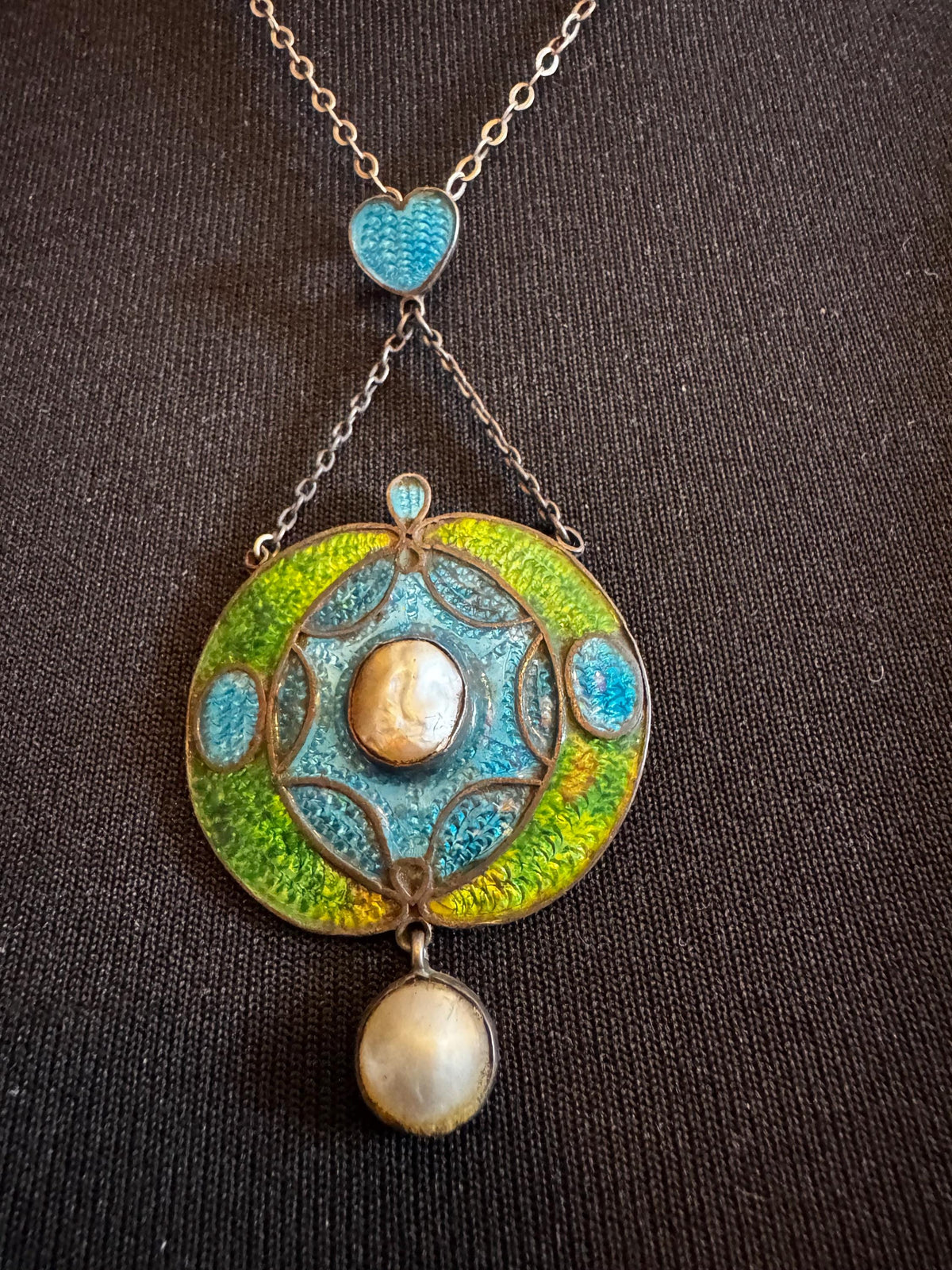 Art Nouveau Enamel Necklace, Antique Silver Pearl Guilloche Drop