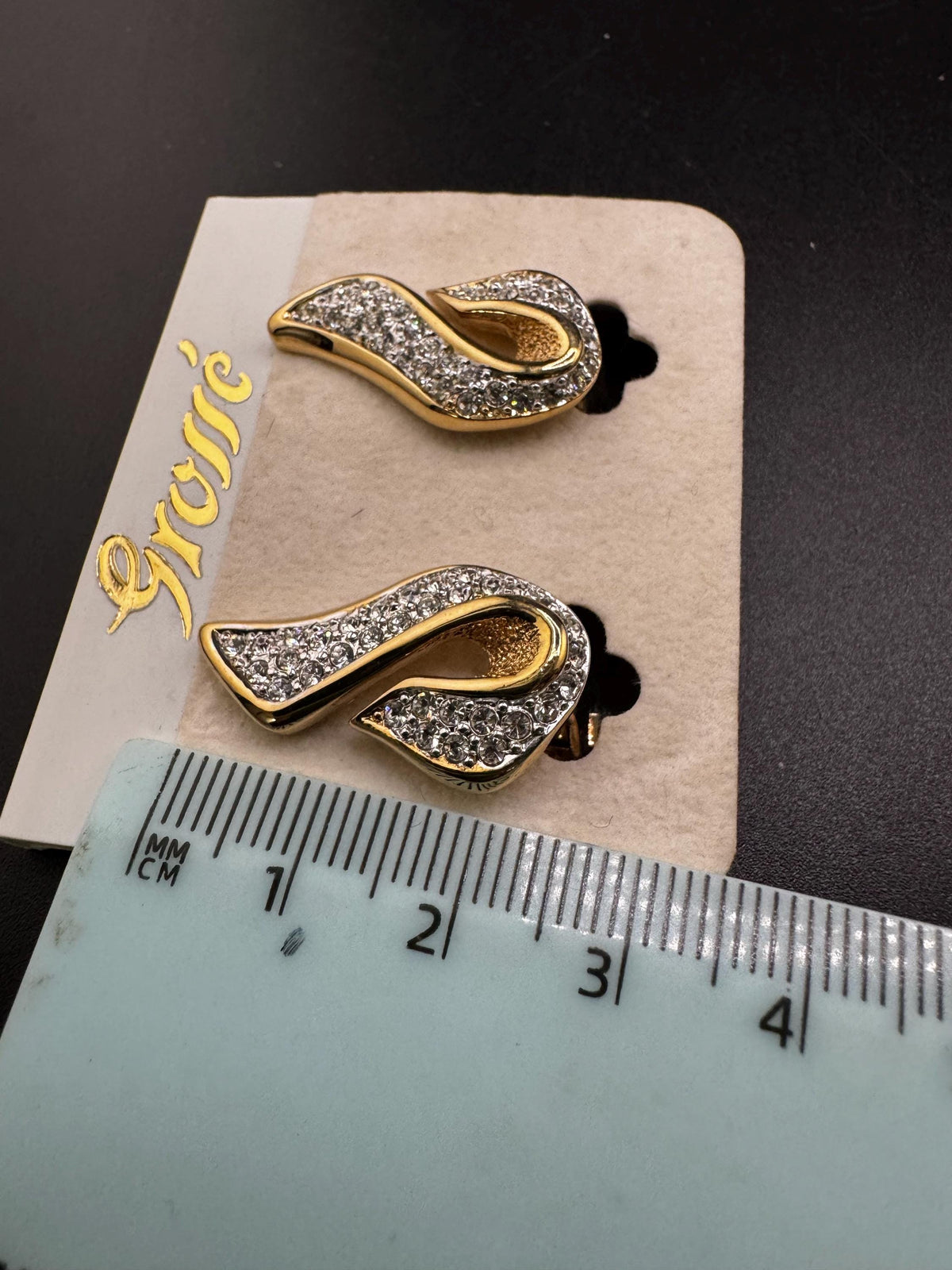 Vintage Grosse Earrings, Clear Rhinestone Clip-On, Gold Plated