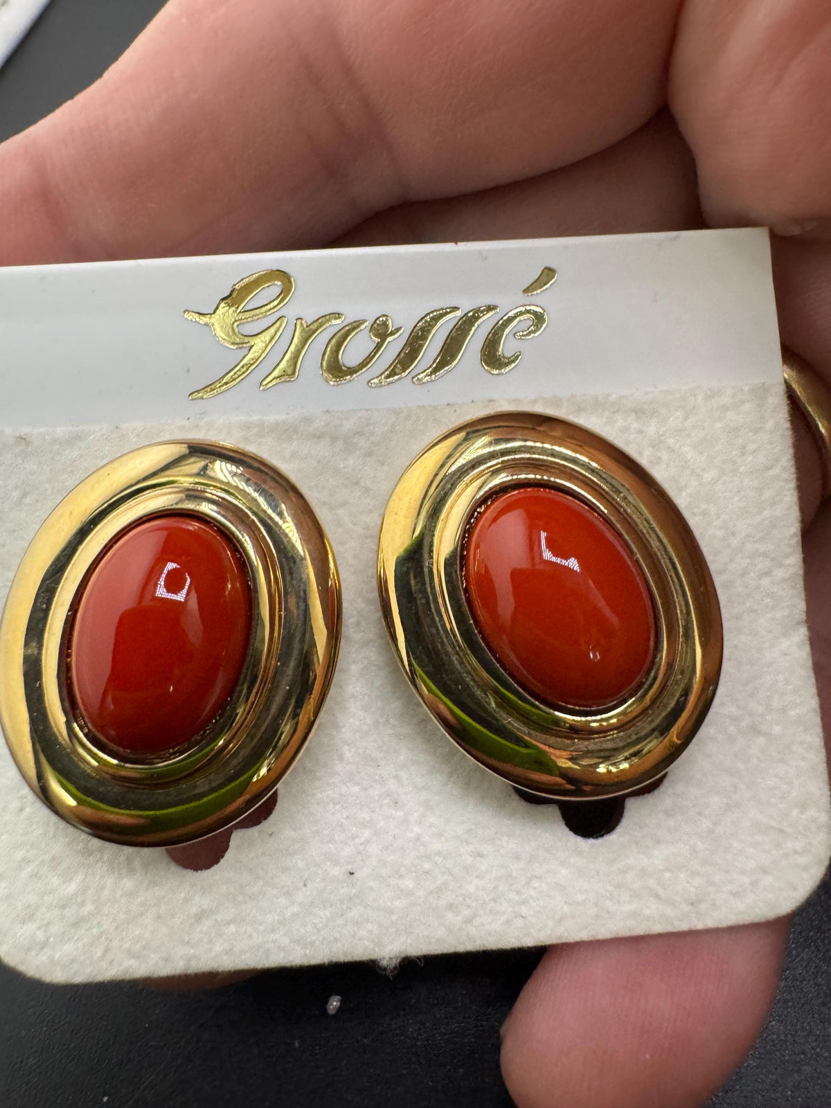Vintage Clip On Earrings, Grosse Terracotta Cabochon, Gold Plated