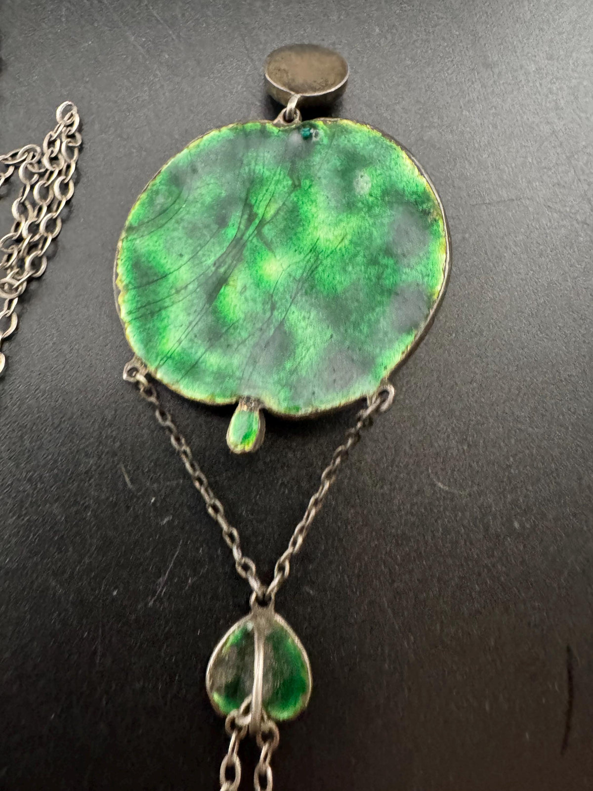 Art Nouveau Enamel Necklace, Antique Silver Pearl Guilloche Drop