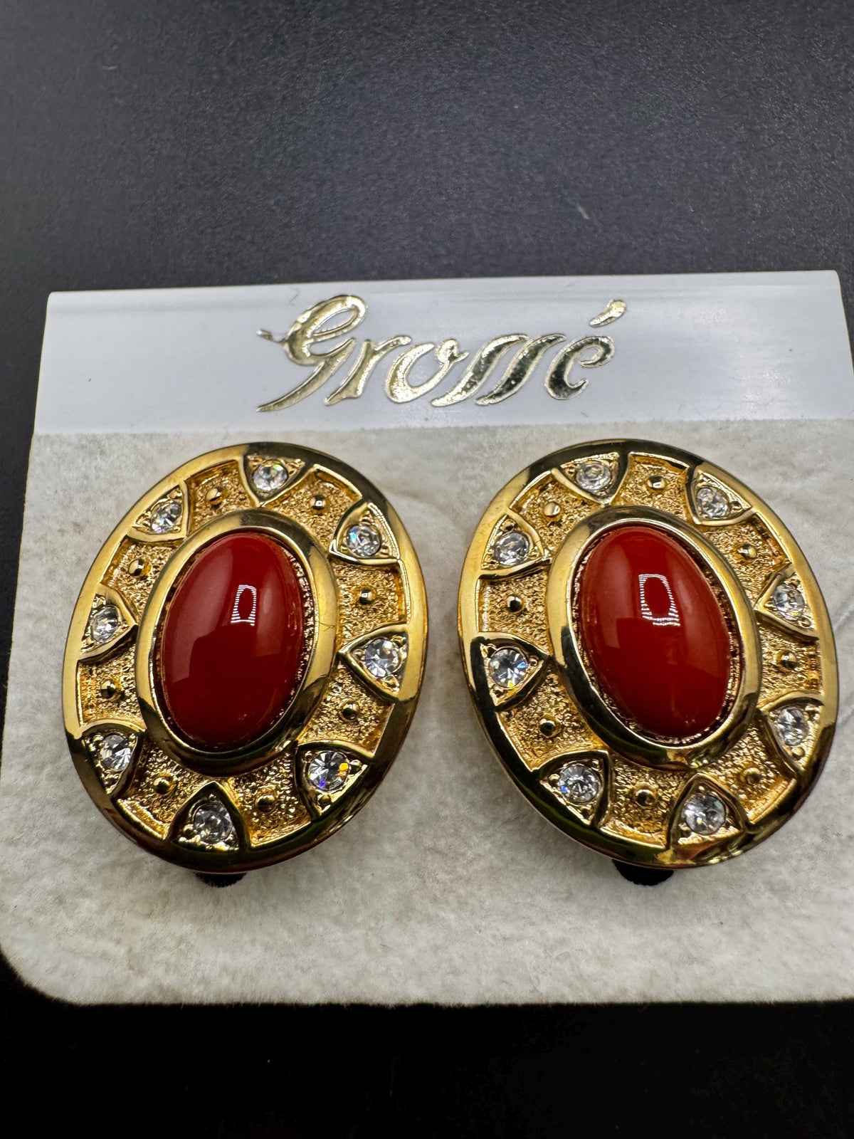 Vintage Grosse Earrings, Terracotta Cabochon, Clip On Gold Finish