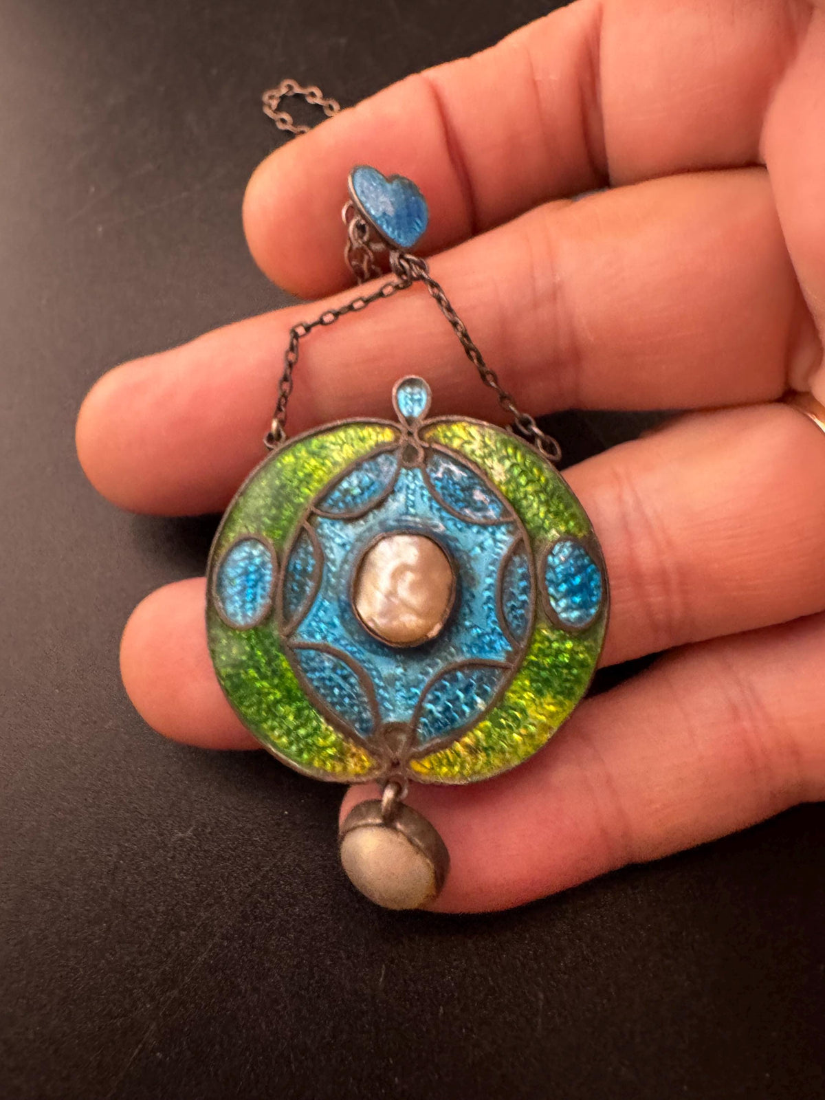 Art Nouveau Enamel Necklace, Antique Silver Pearl Guilloche Drop