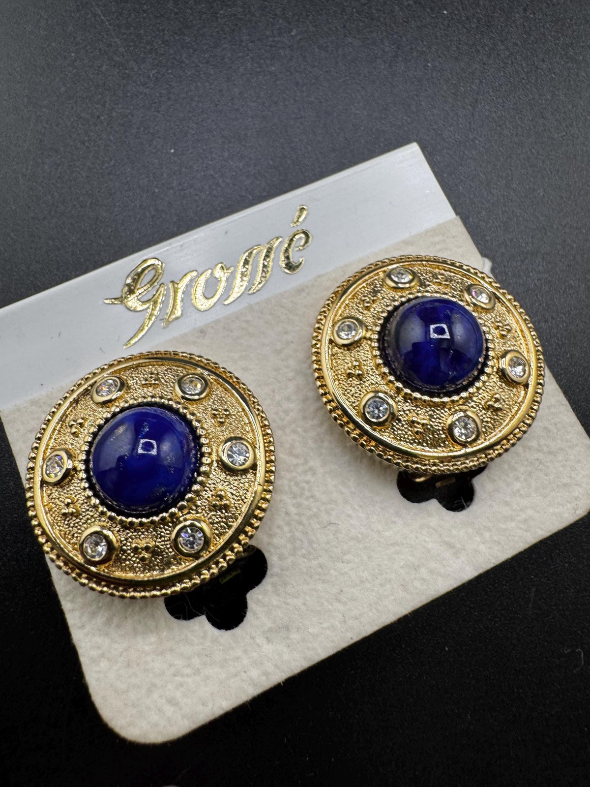 Grosse Clip On Earrings, Faux Blue Lapis, Rhinestones, Gold Plated