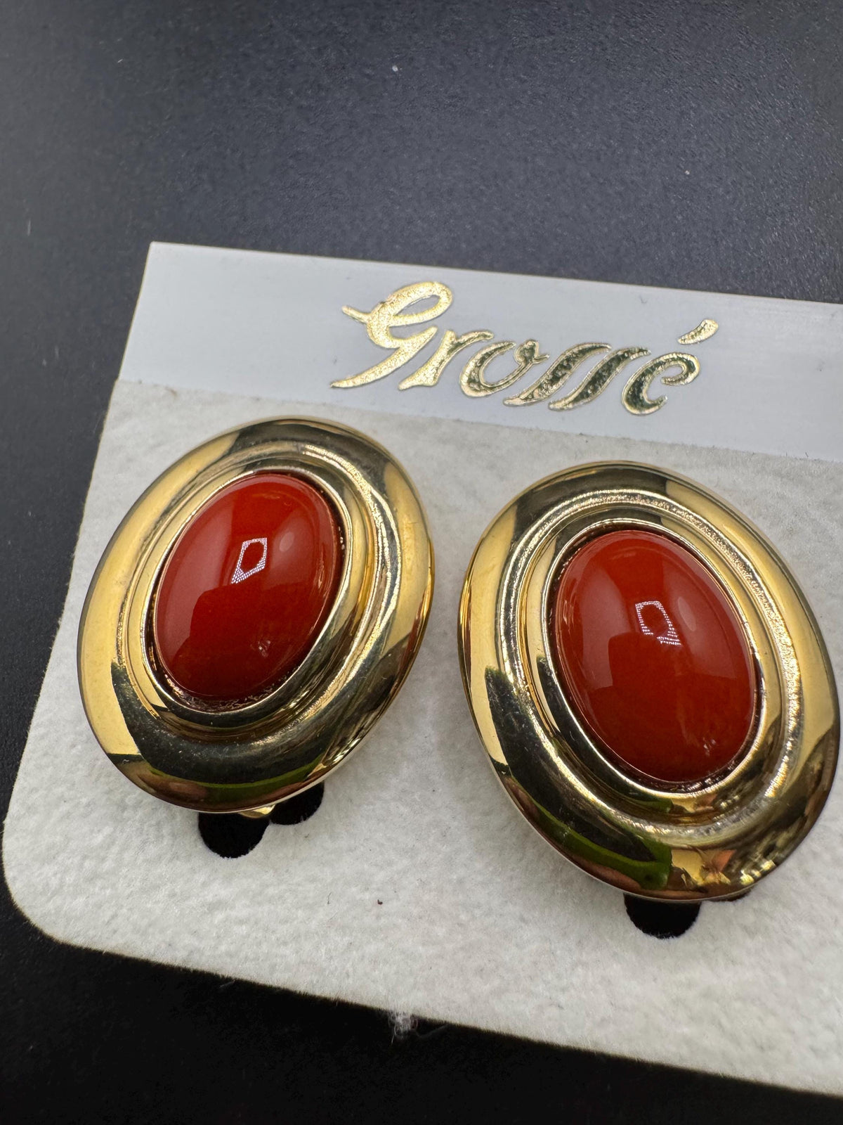 Vintage Clip On Earrings, Grosse Terracotta Cabochon, Gold Plated