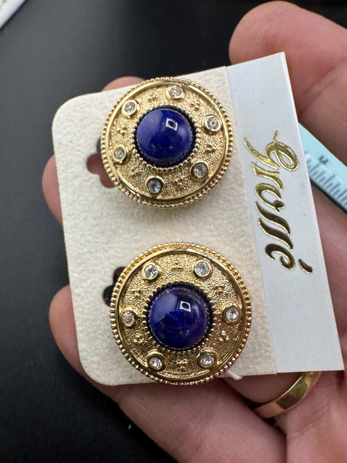 Grosse Clip On Earrings, Faux Blue Lapis, Rhinestones, Gold Plated